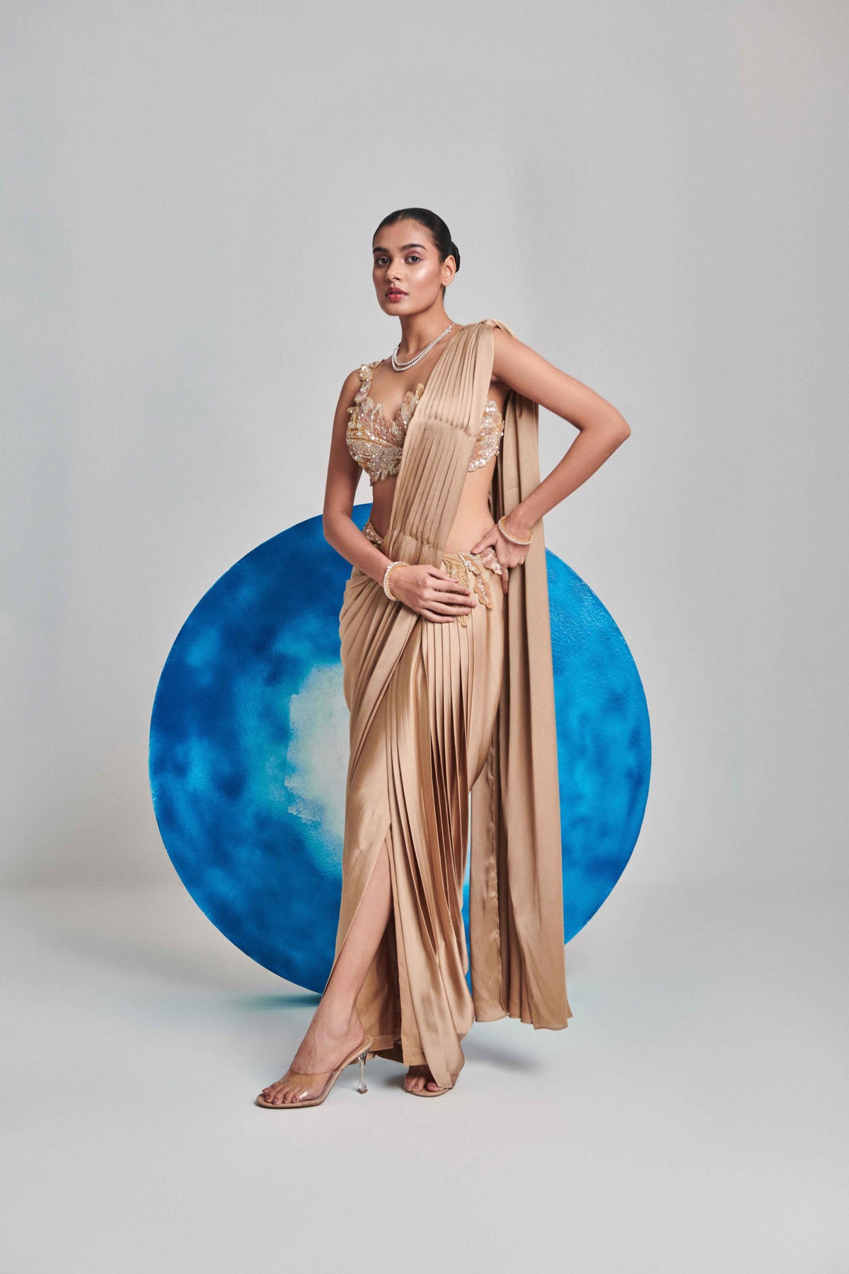 gold pre stitch drape saree