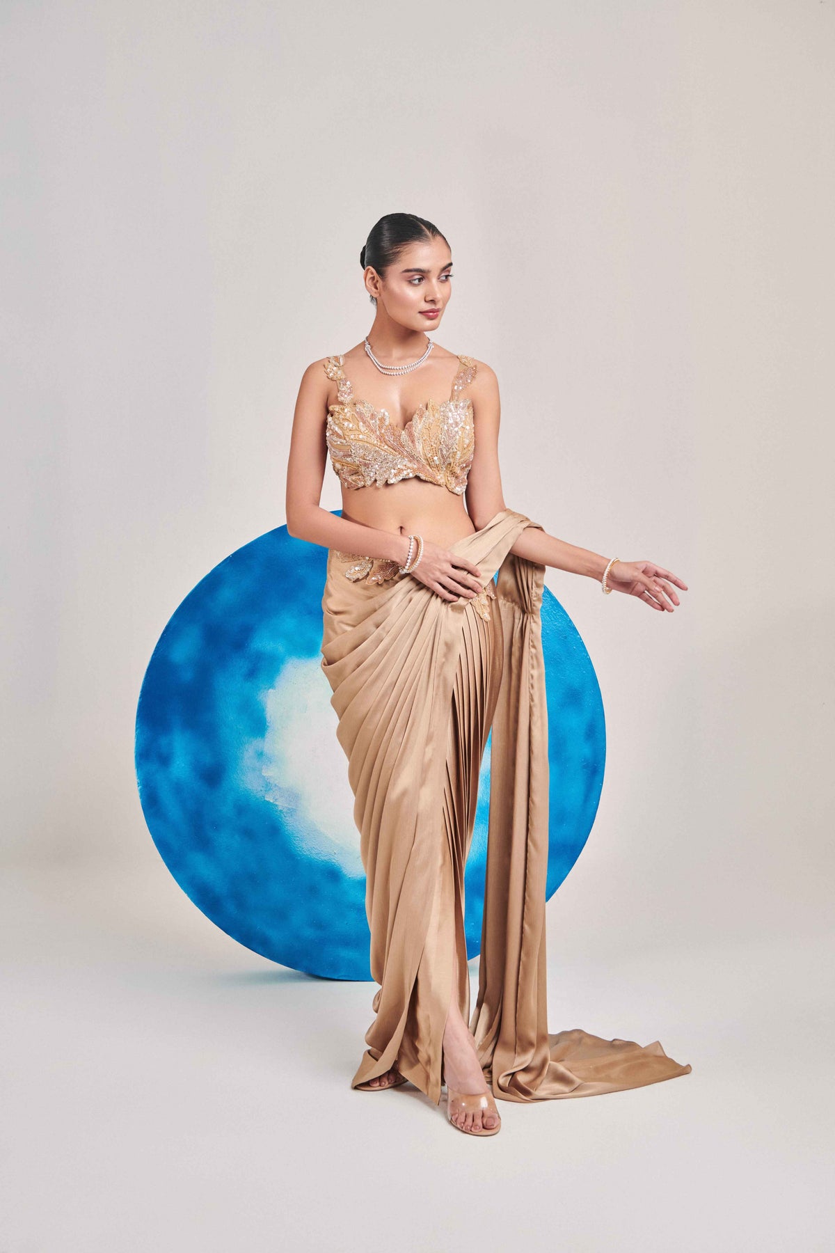 gold pre stitch drape saree