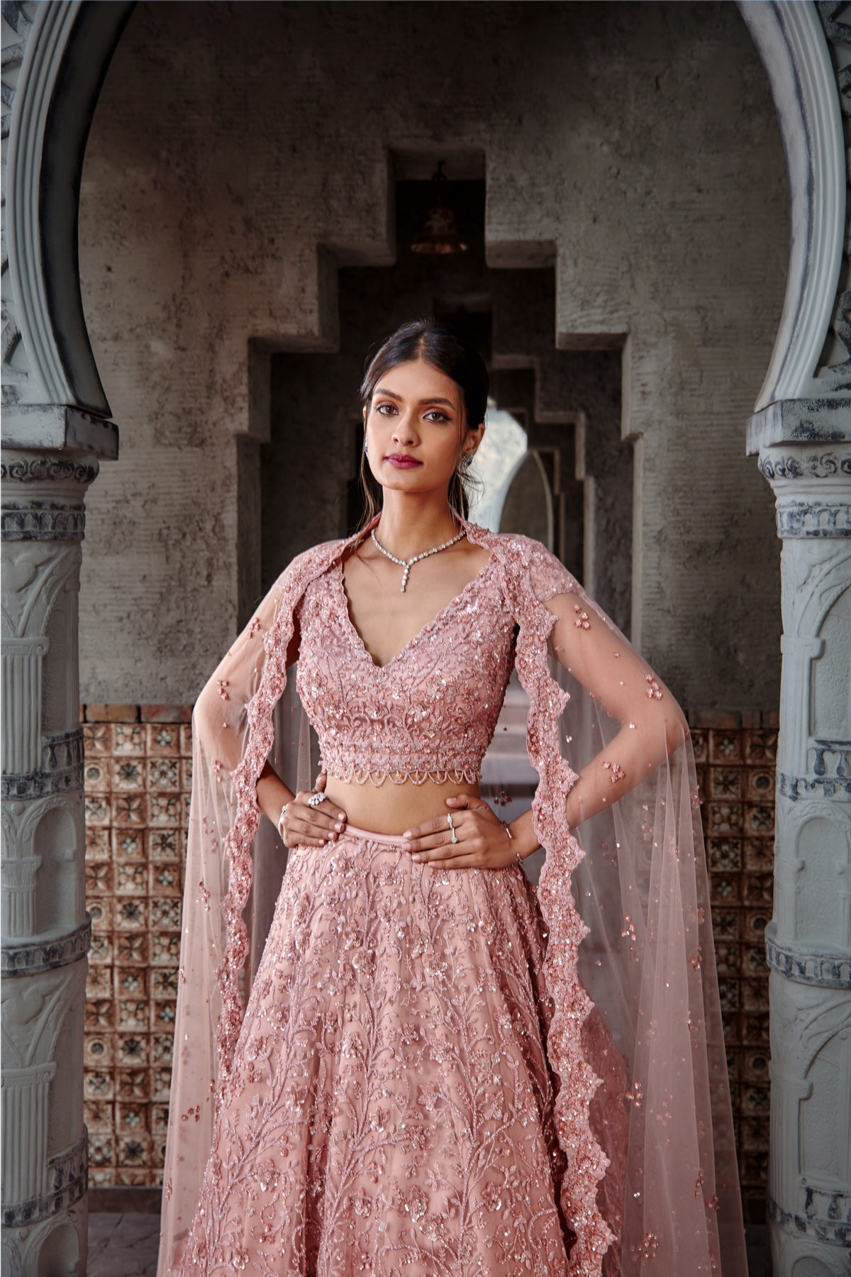 Dusty Coral Tulle Lehenga Set