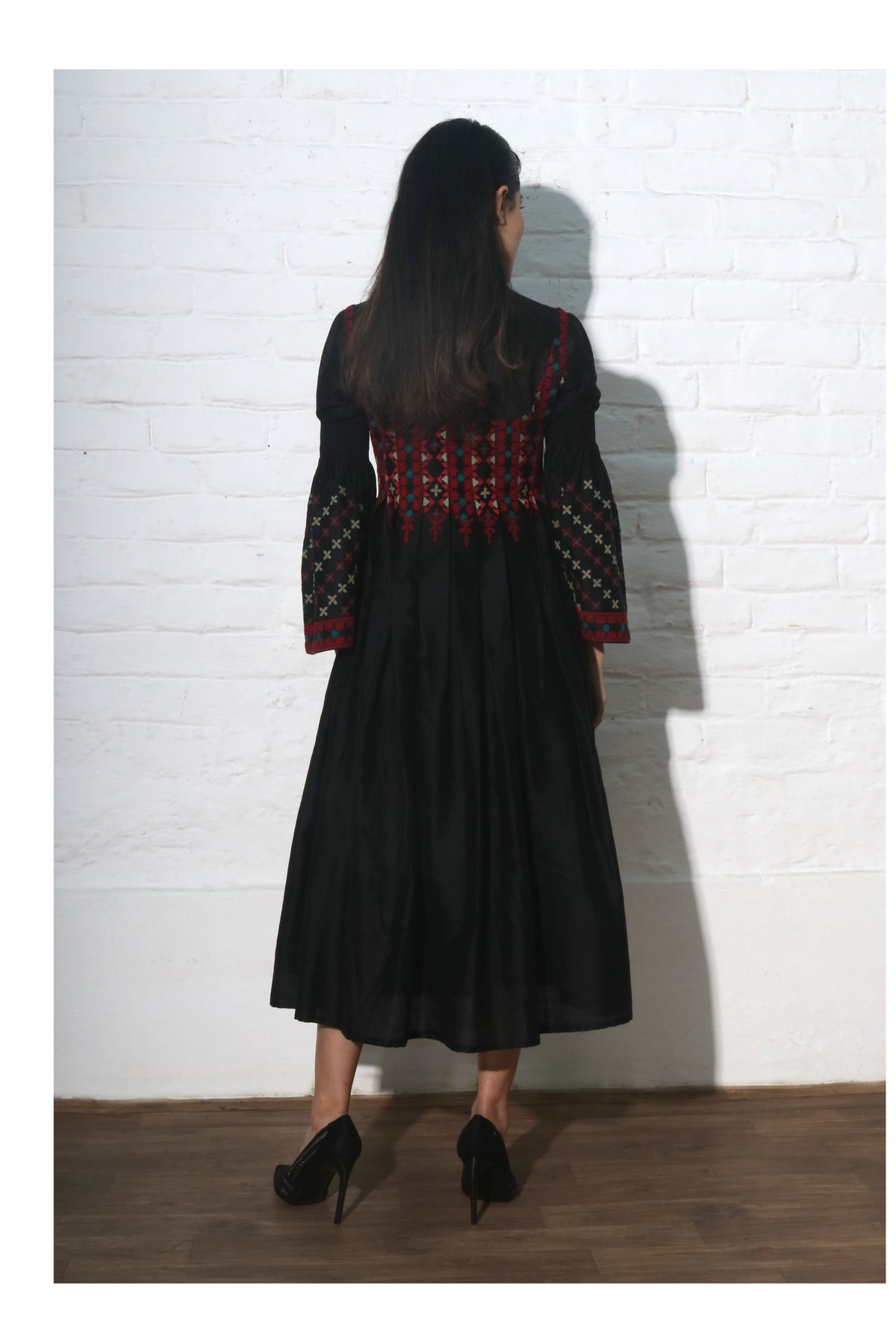 Black chanderi pleated dress