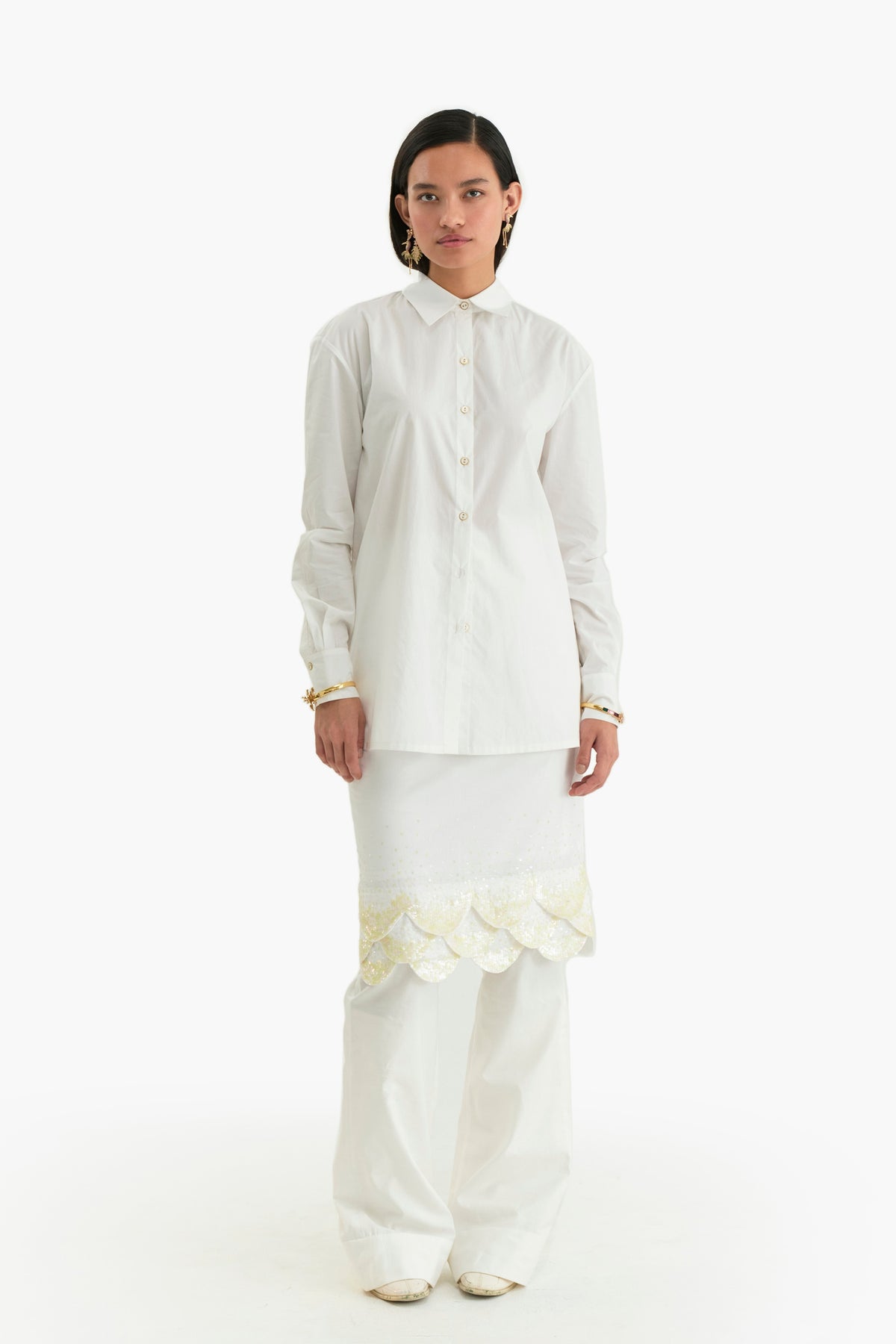 White Scalloped Embroidered Shirt