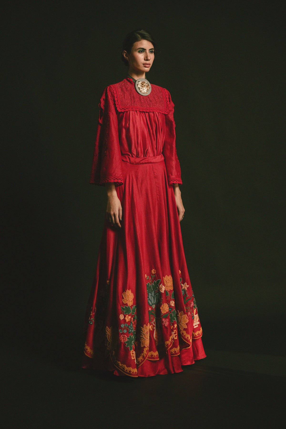 Red scalloped embroidered lehenga