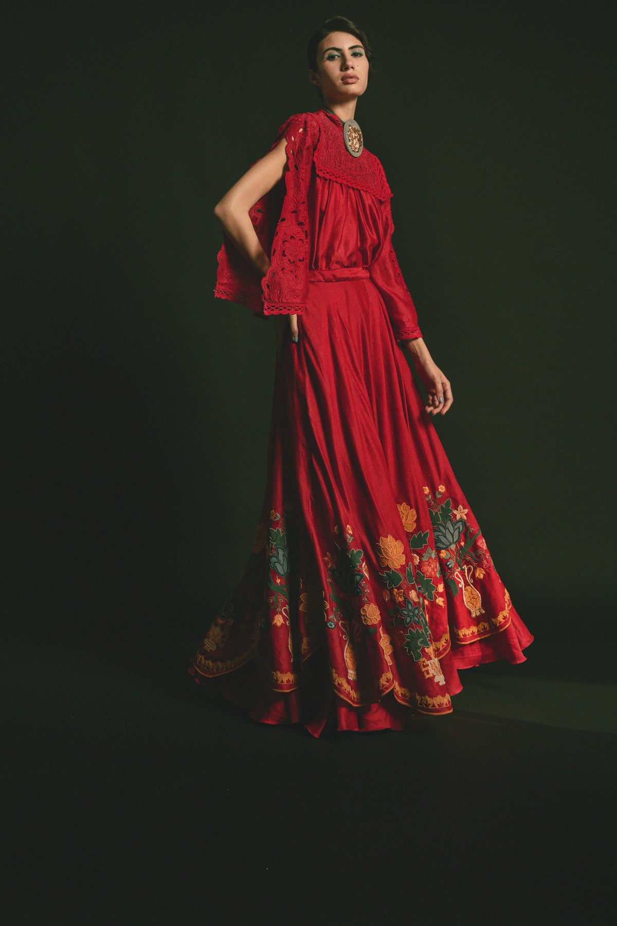 Red scalloped embroidered lehenga