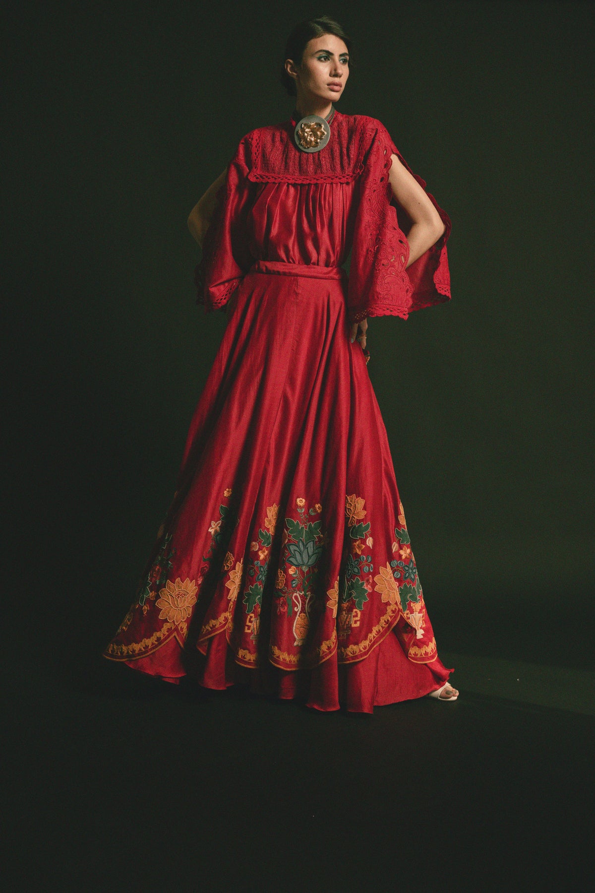 Red scalloped embroidered lehenga