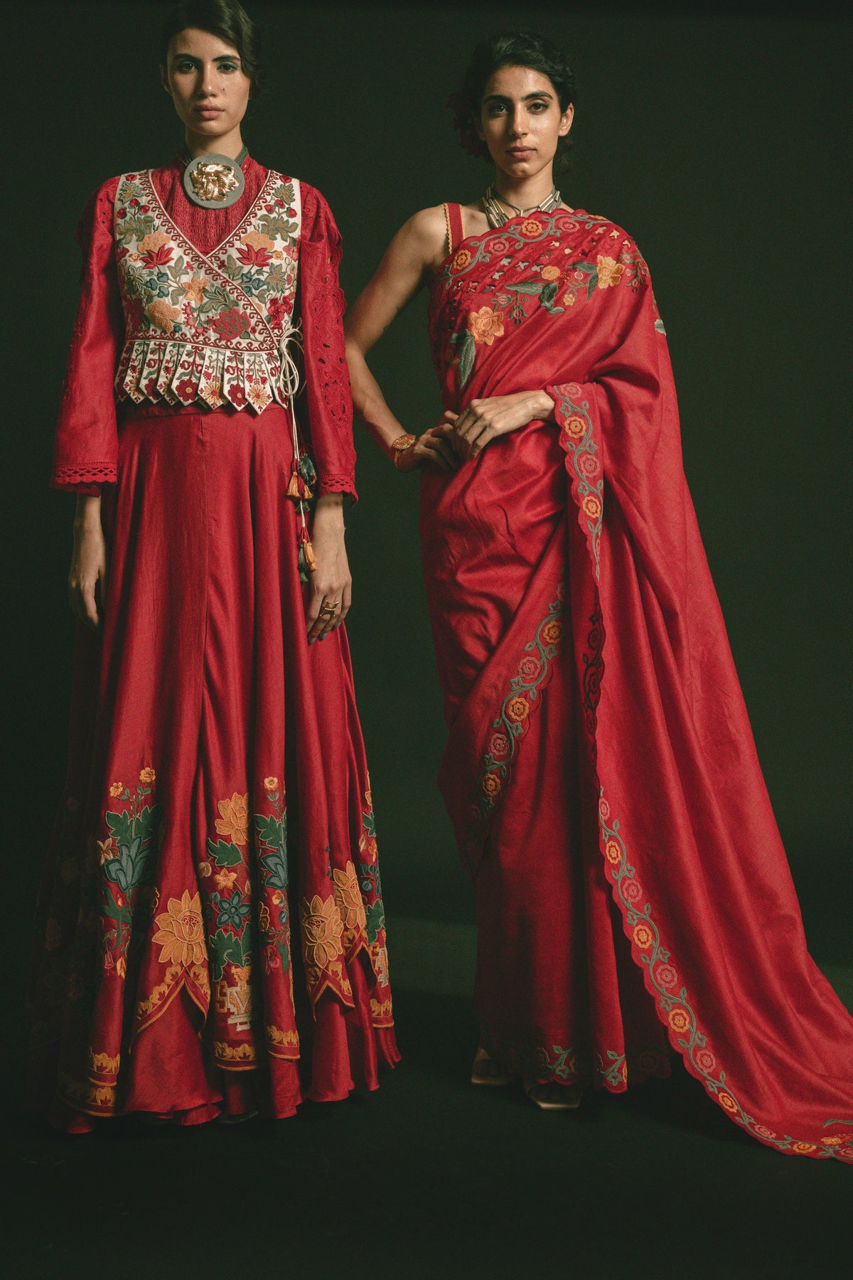 Red scalloped embroidered lehenga