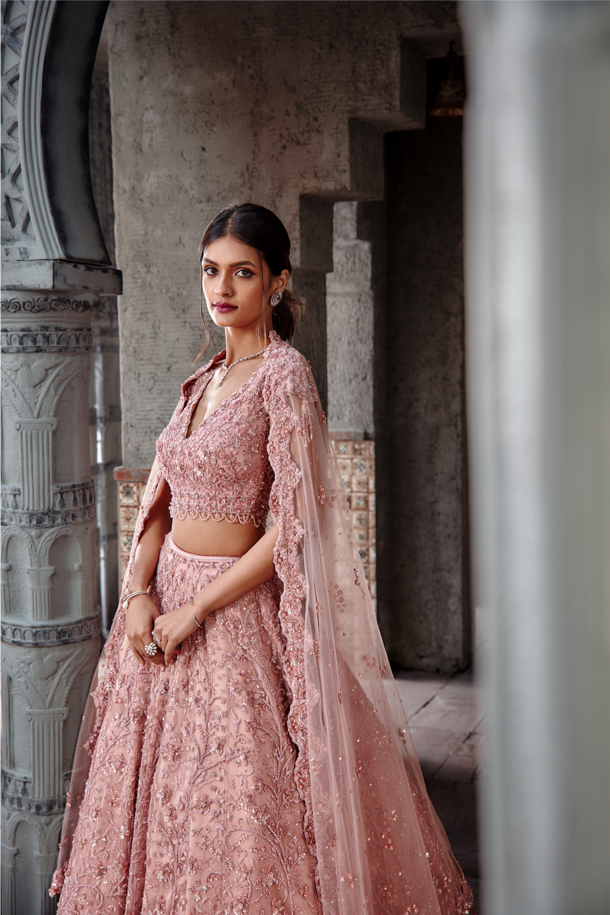 Dusty Coral Tulle Lehenga Set