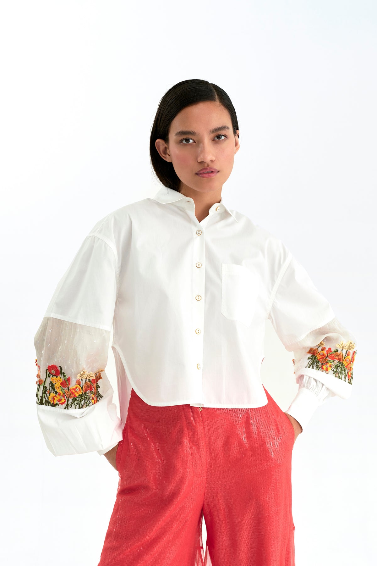 White Embroidered Crop Shirt