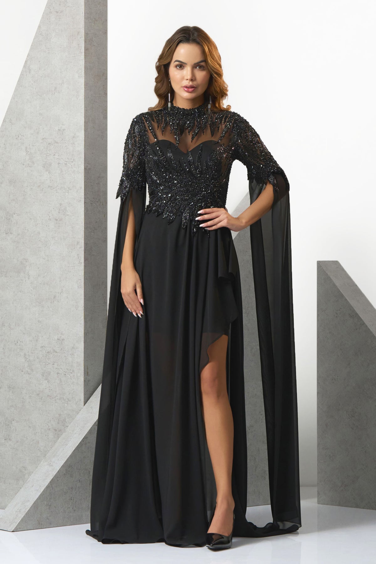 Black Flowy Sleeve Evening Gown