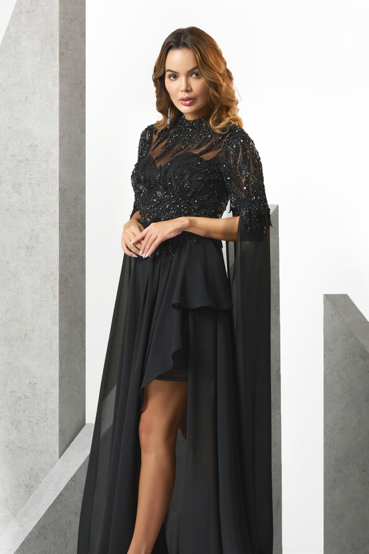 Black Flowy Sleeve Evening Gown