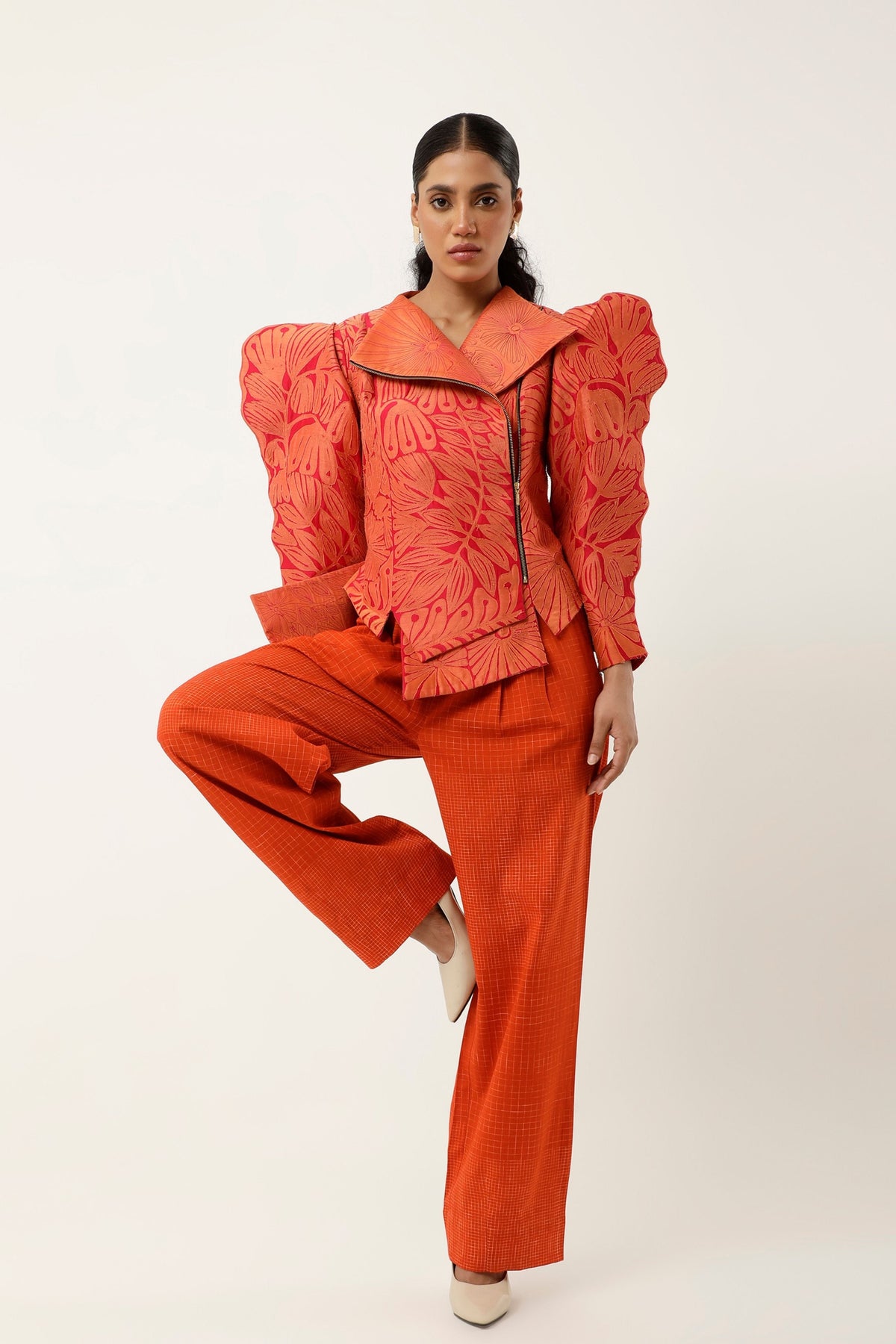 3D Orange Floral Jacket Set