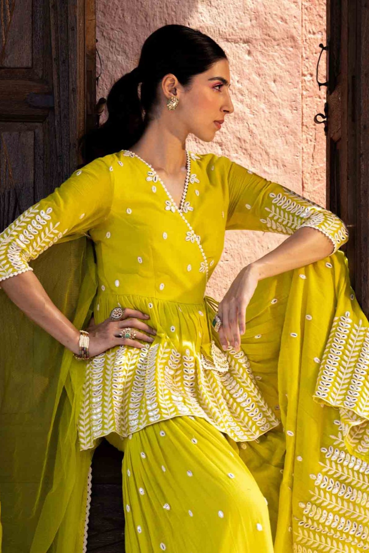 Neon Green Leaf Sharara Set