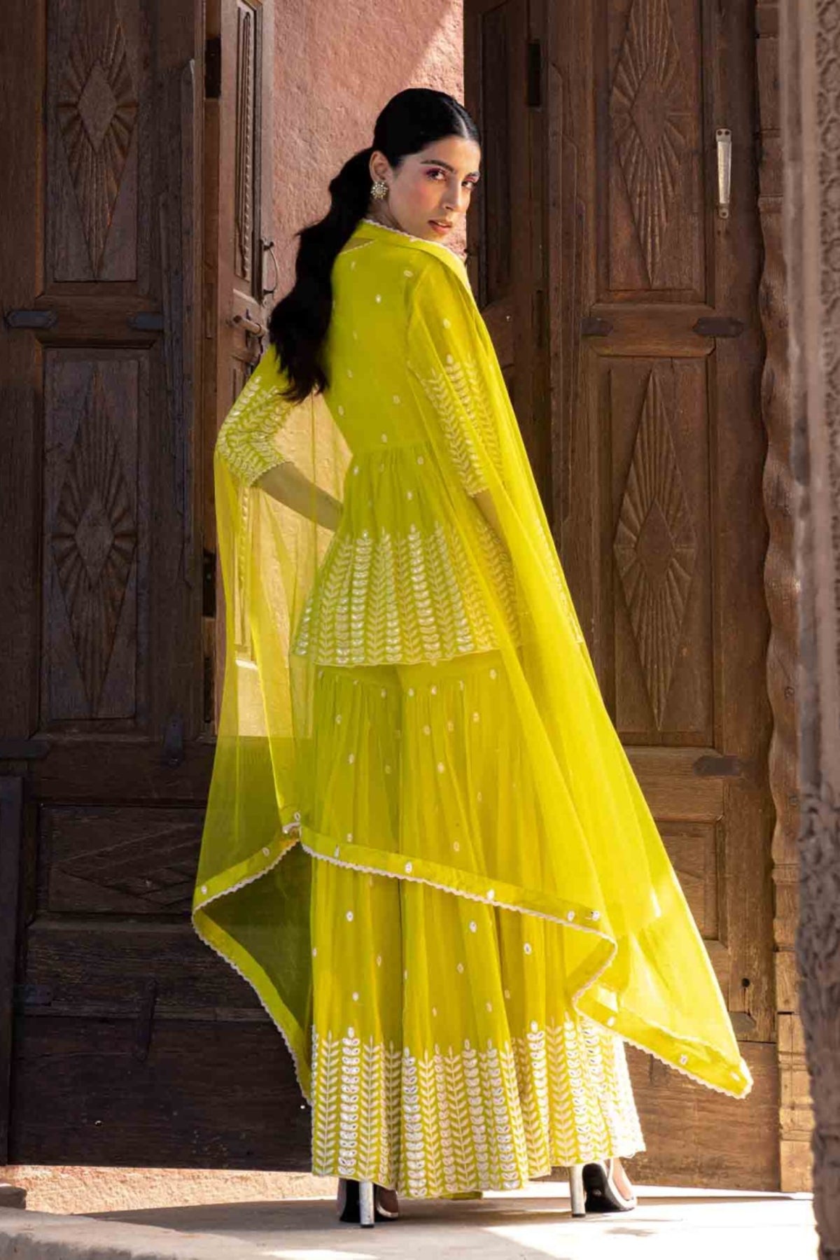 Neon Green Leaf Sharara Set