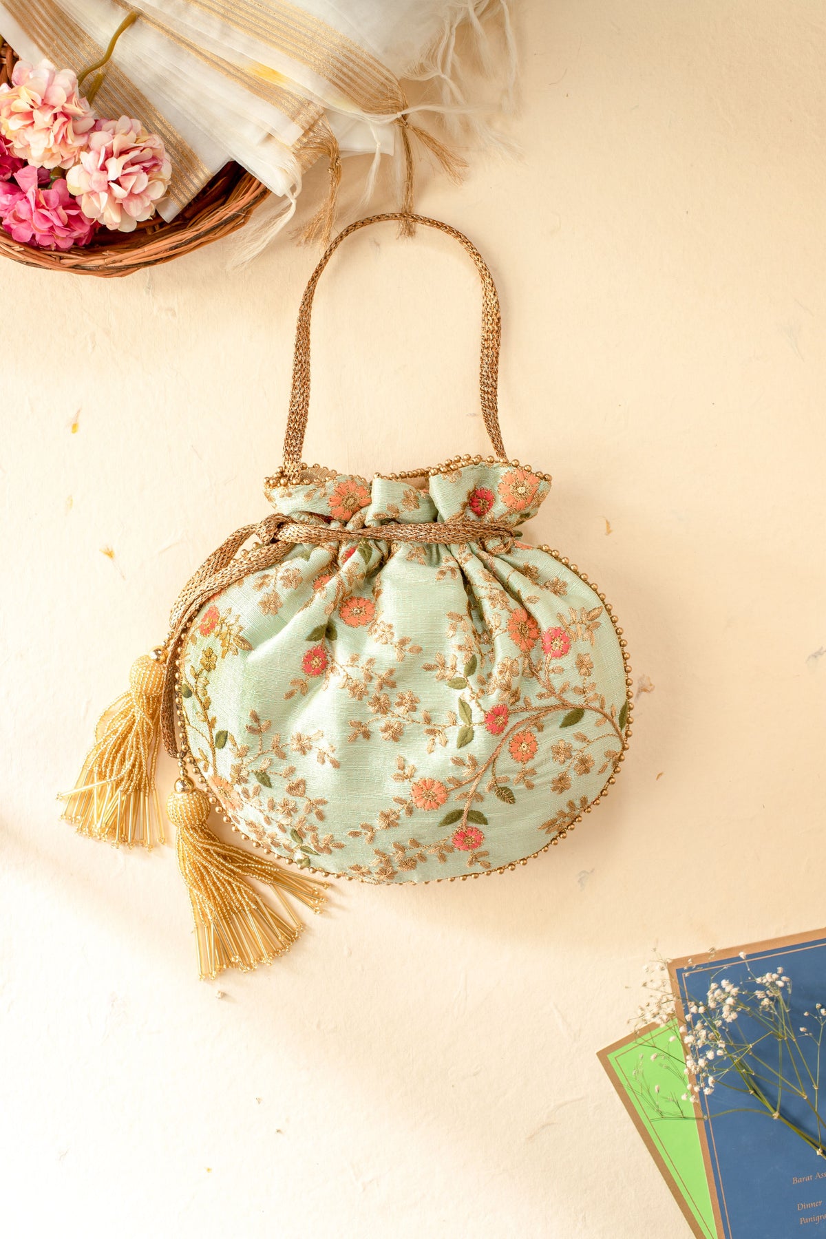 Floral Creeper Mint Potli Bag