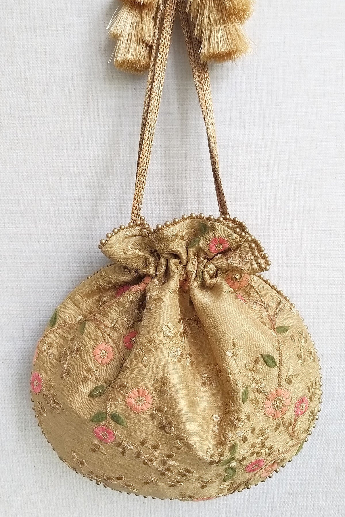 Floral Creeper Gold Potli Bag