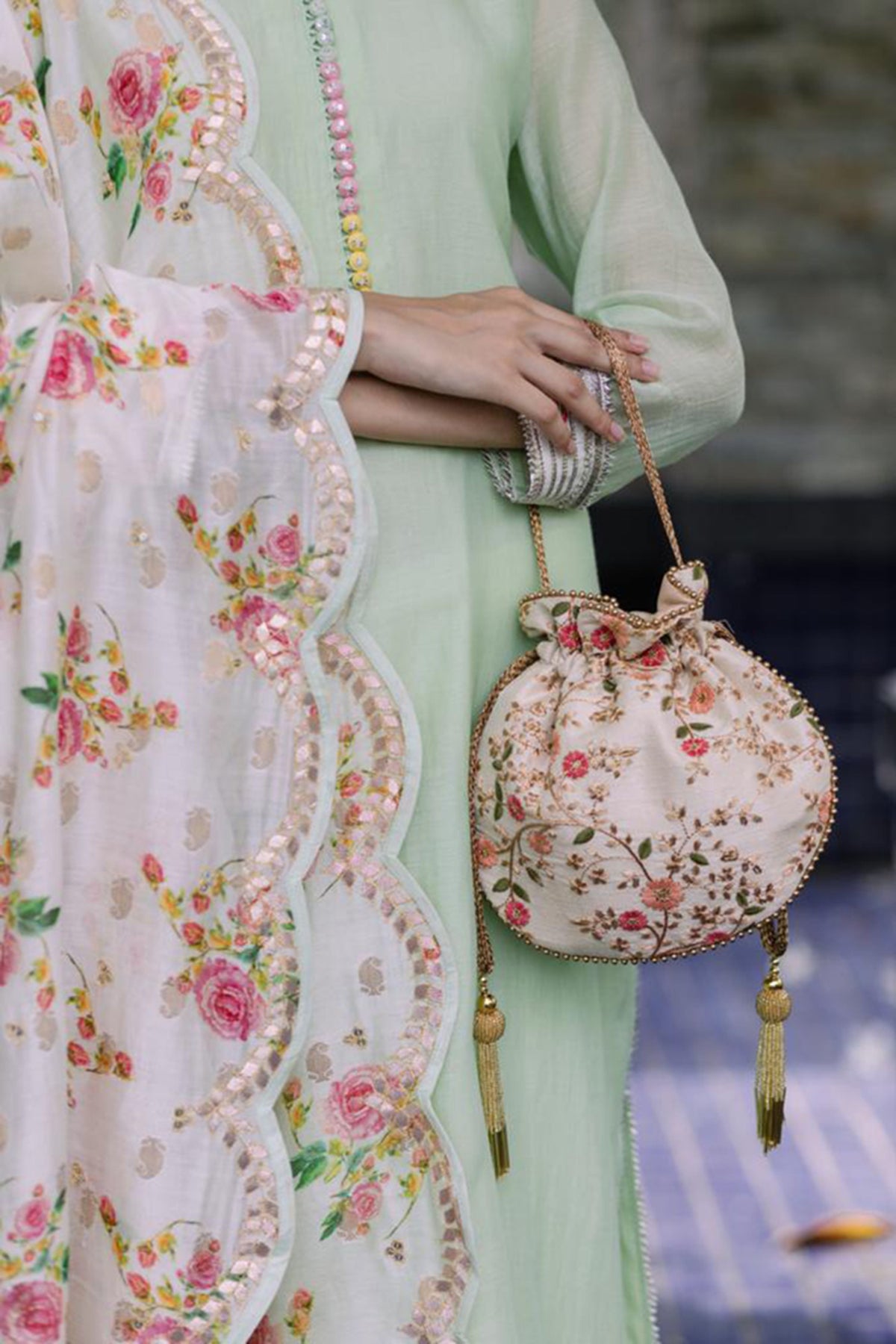 Floral Creeper Ivory Potli Bag