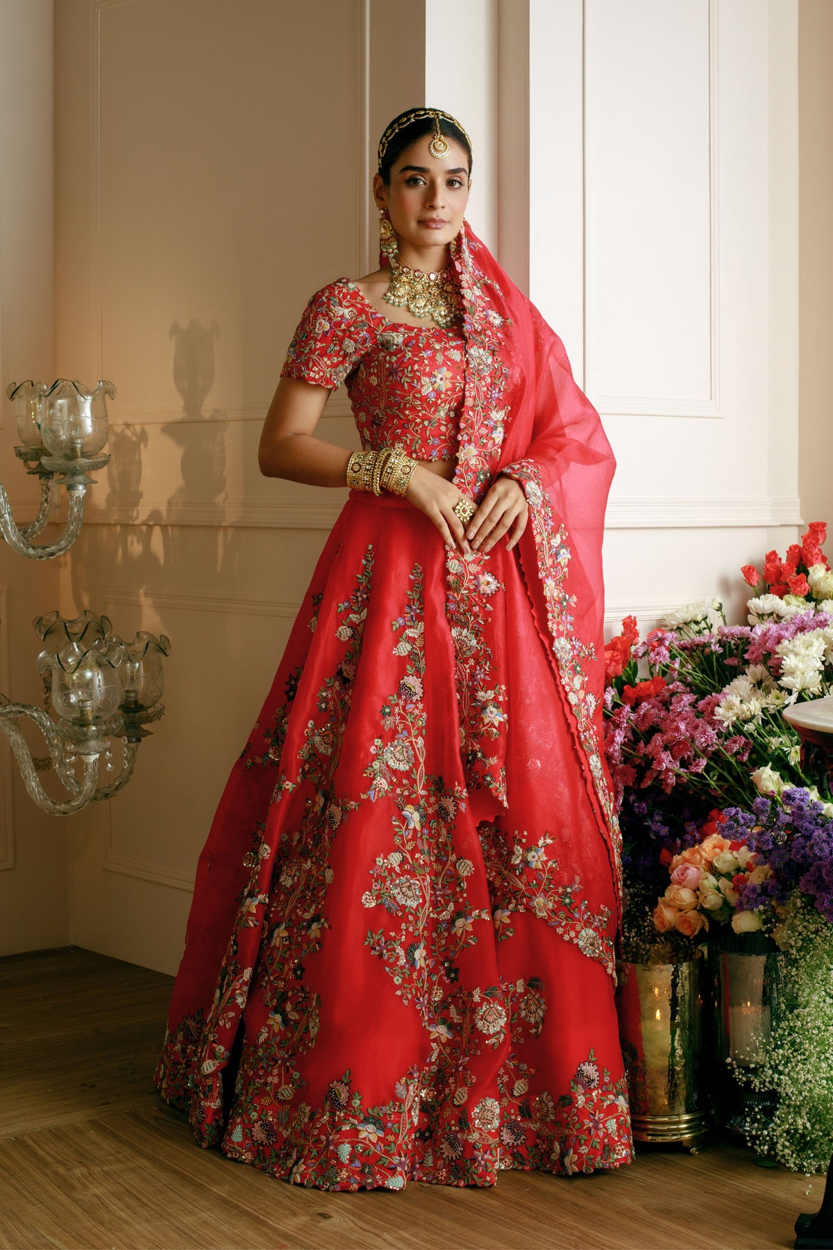 Red Thread Embroidered Lehenga Set