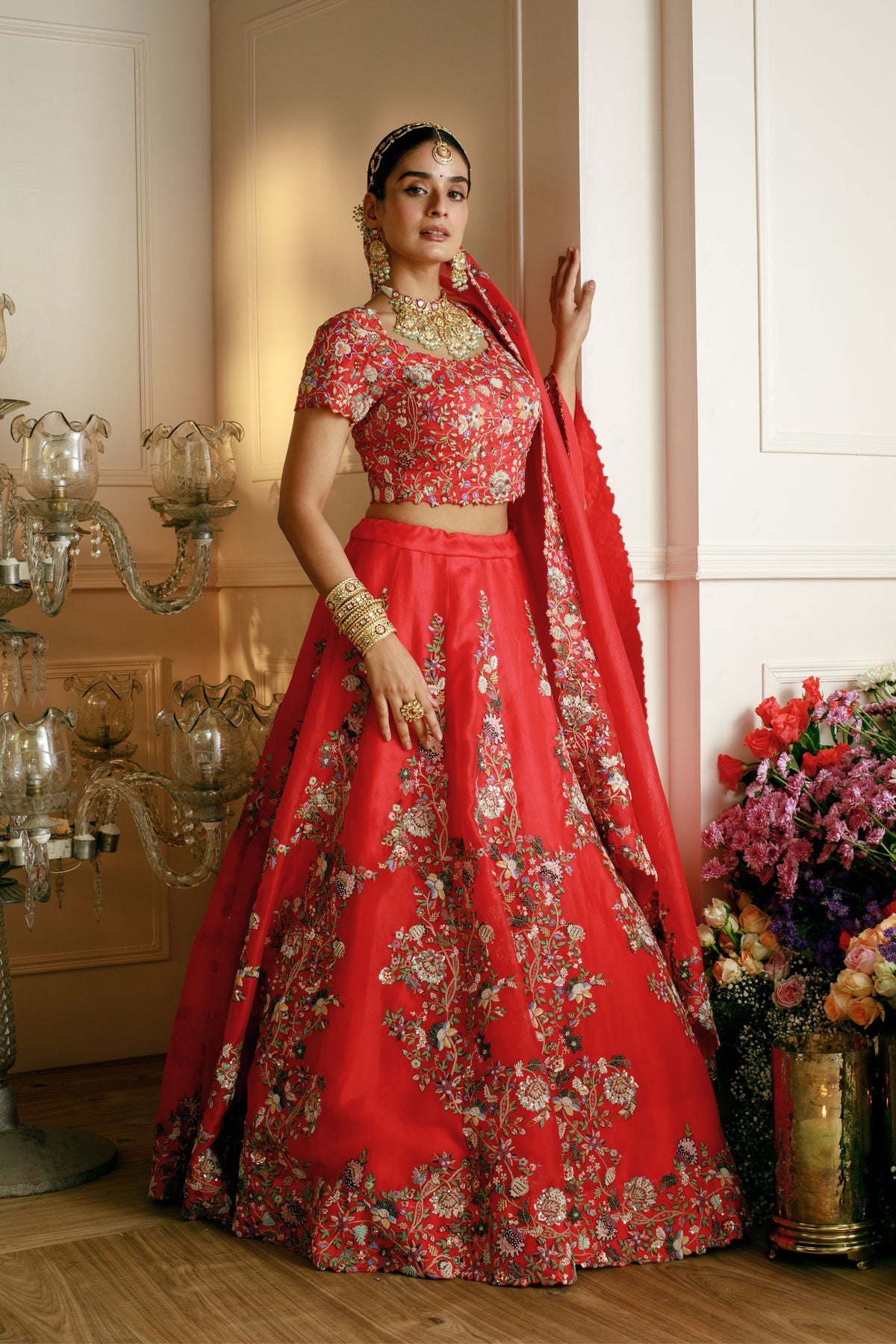 Red Thread Embroidered Lehenga Set