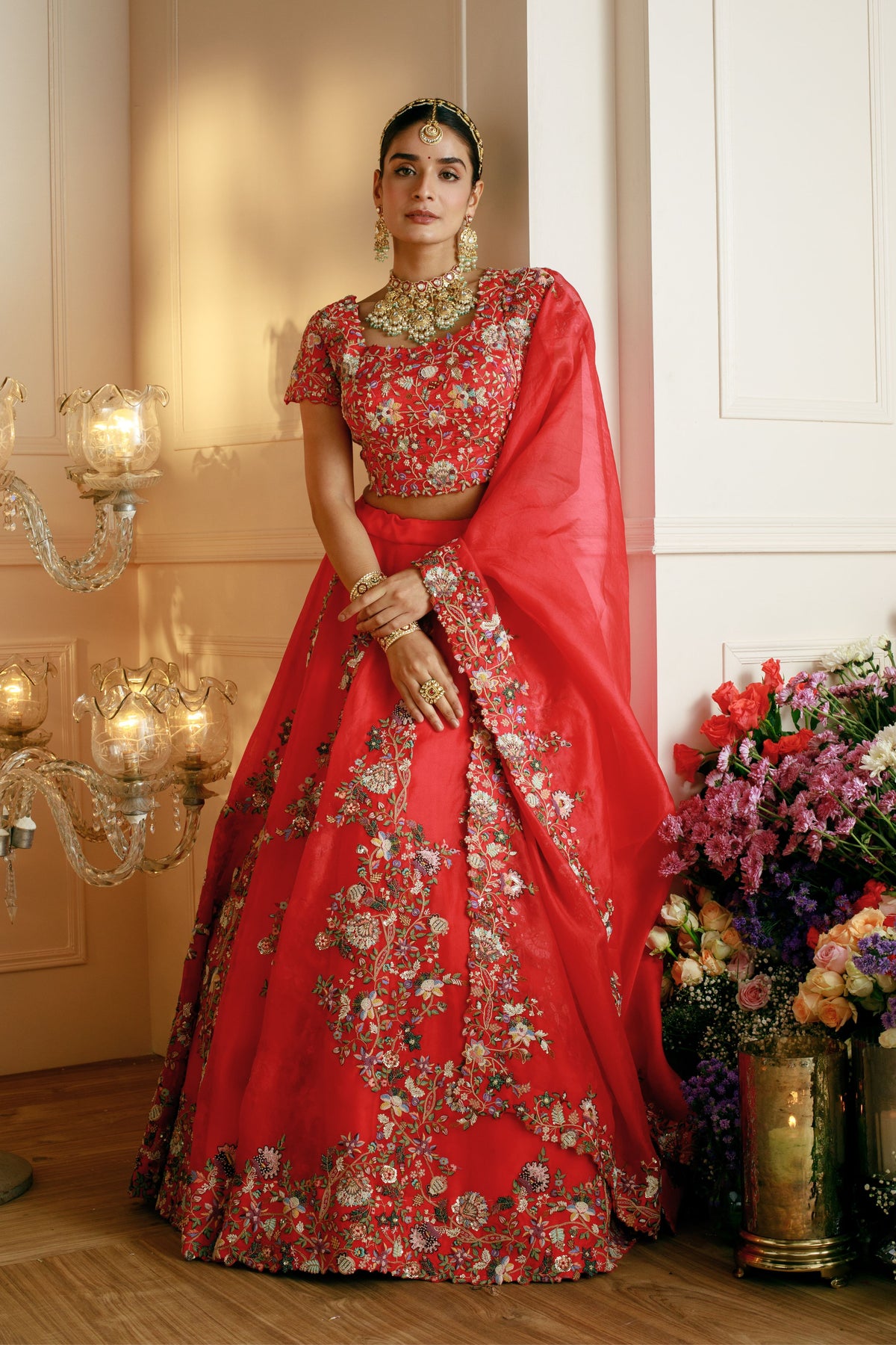 Red Thread Embroidered Lehenga Set