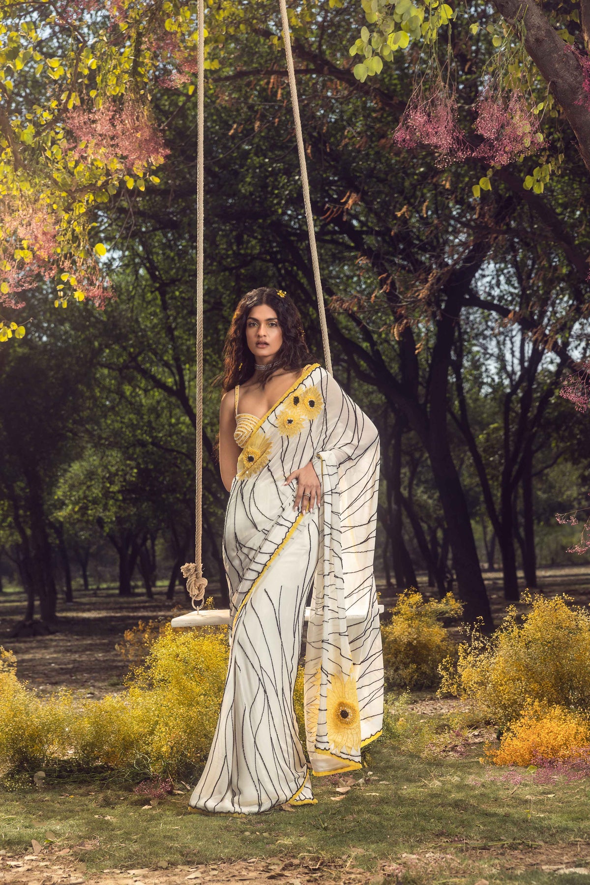 Off White Sunflower Saree