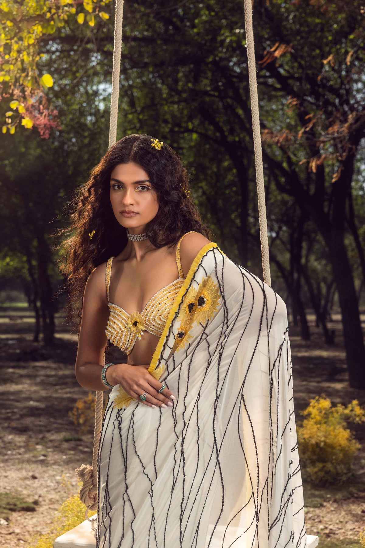 Off White Sunflower Saree