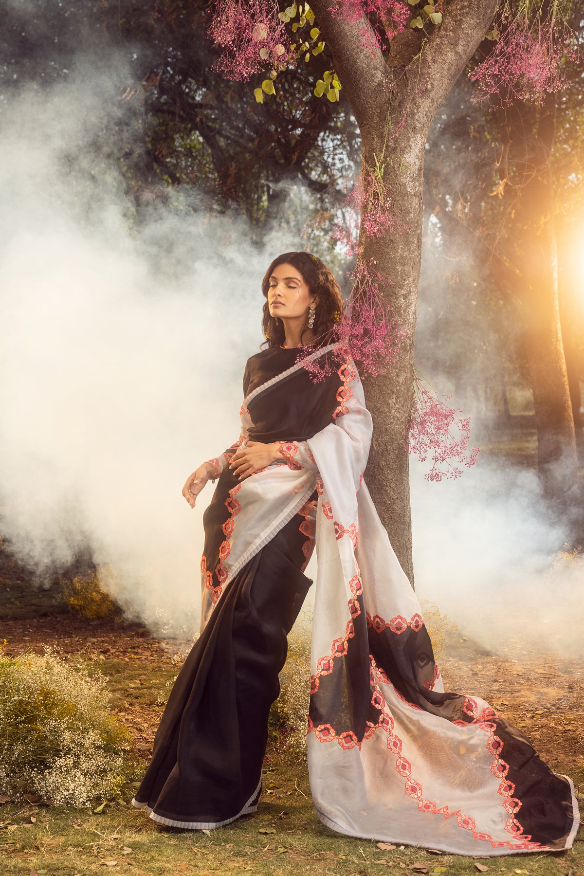 Black &amp; White Patchwork Saree