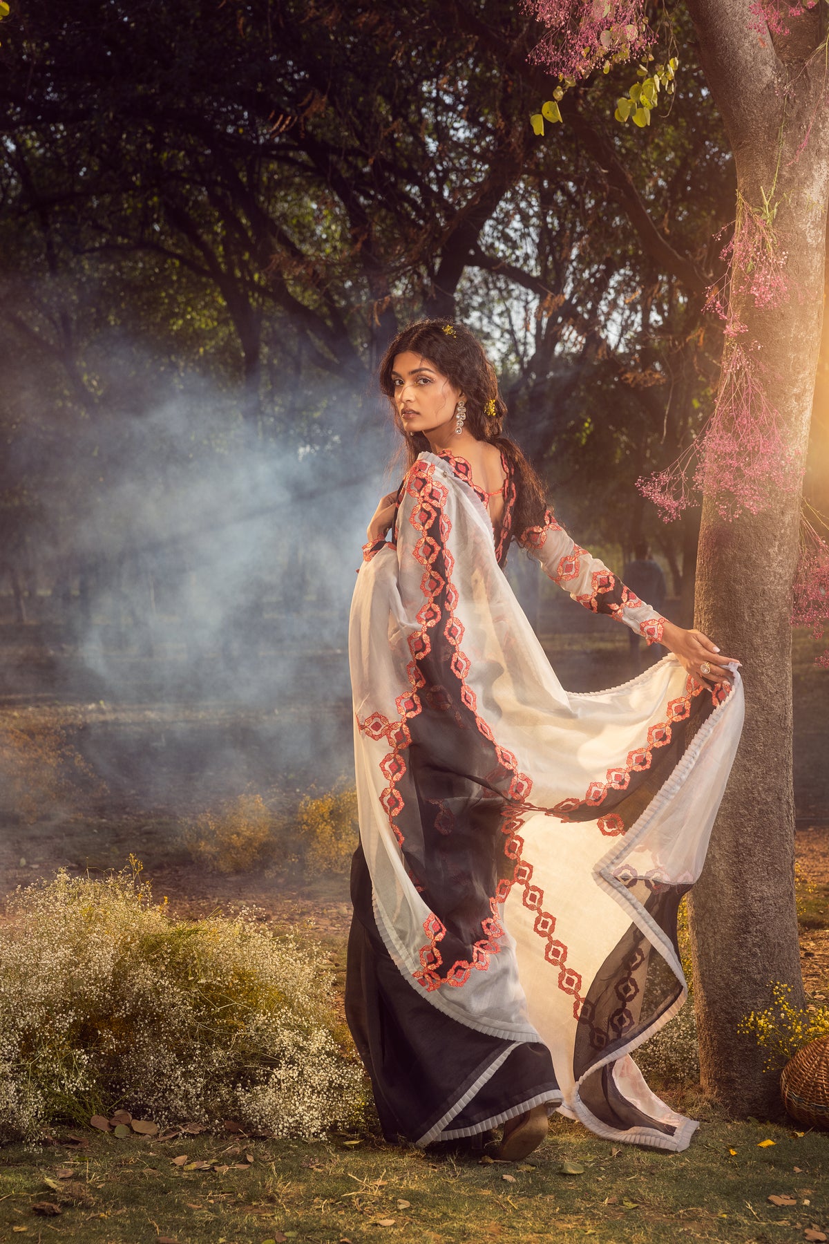 Black &amp; White Patchwork Saree