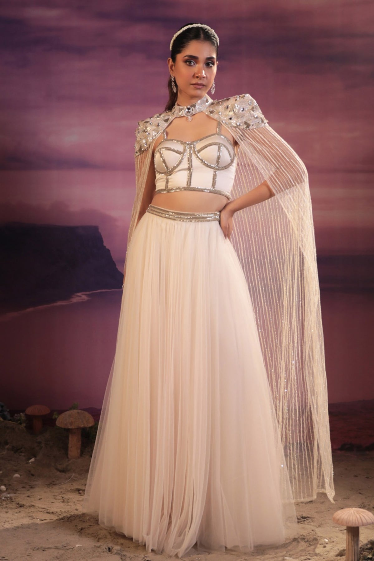 Ivory Lehenga Set With Cape