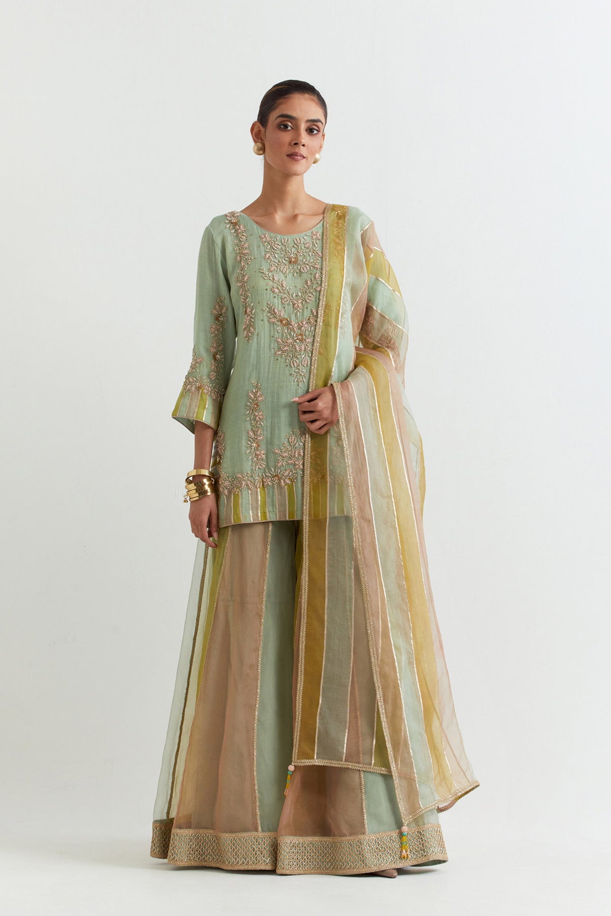 Embroidered Chevron Sage Sharara Set