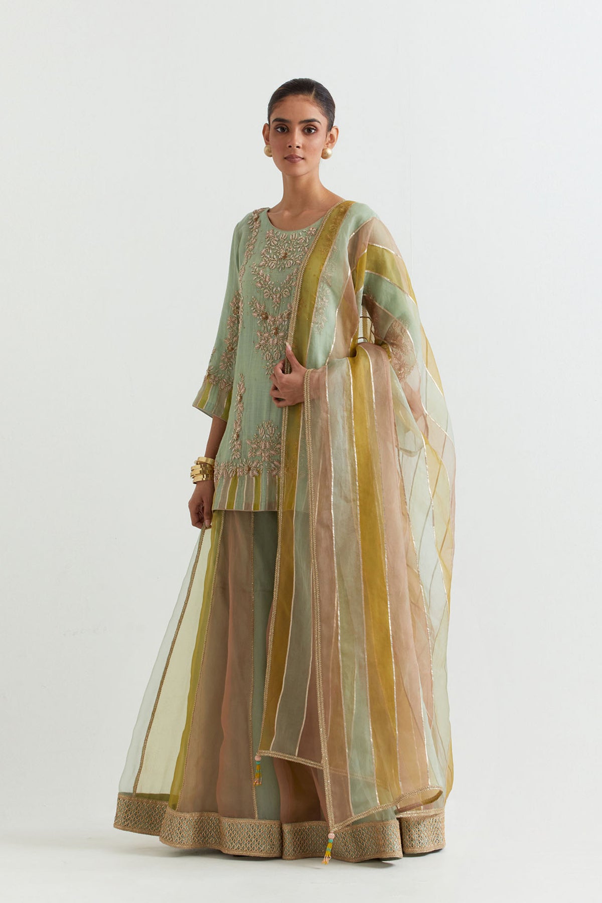 Embroidered Chevron Sage Sharara Set