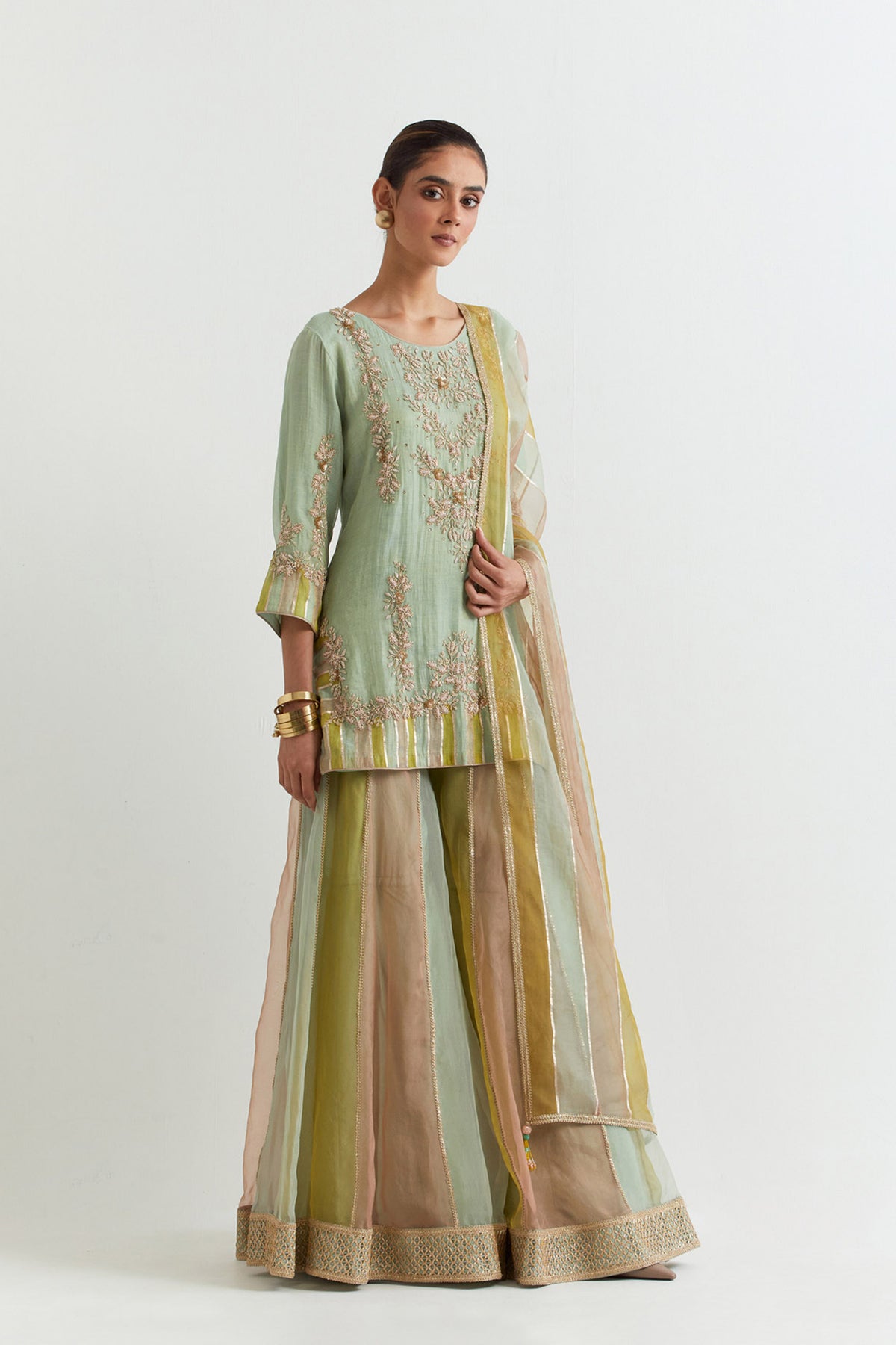 Embroidered Chevron Sage Sharara Set