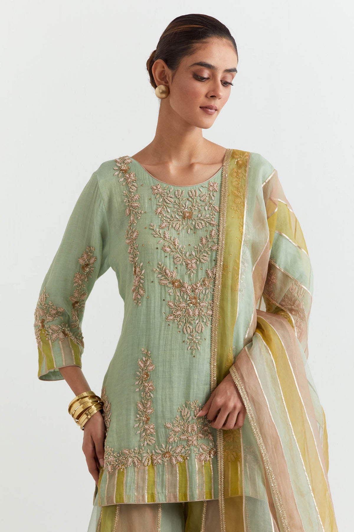 Embroidered Chevron Sage Sharara Set