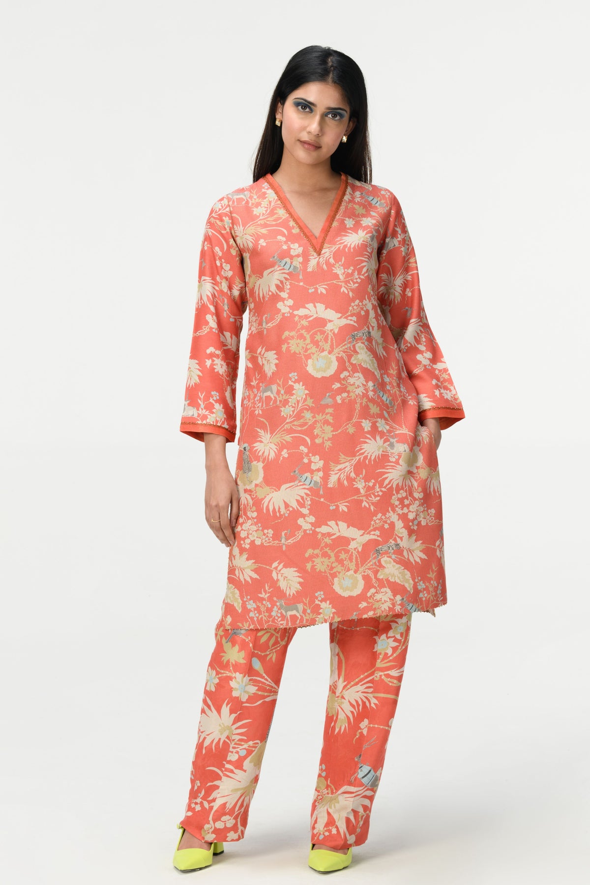 Roshan V Kneck Coral Kurta