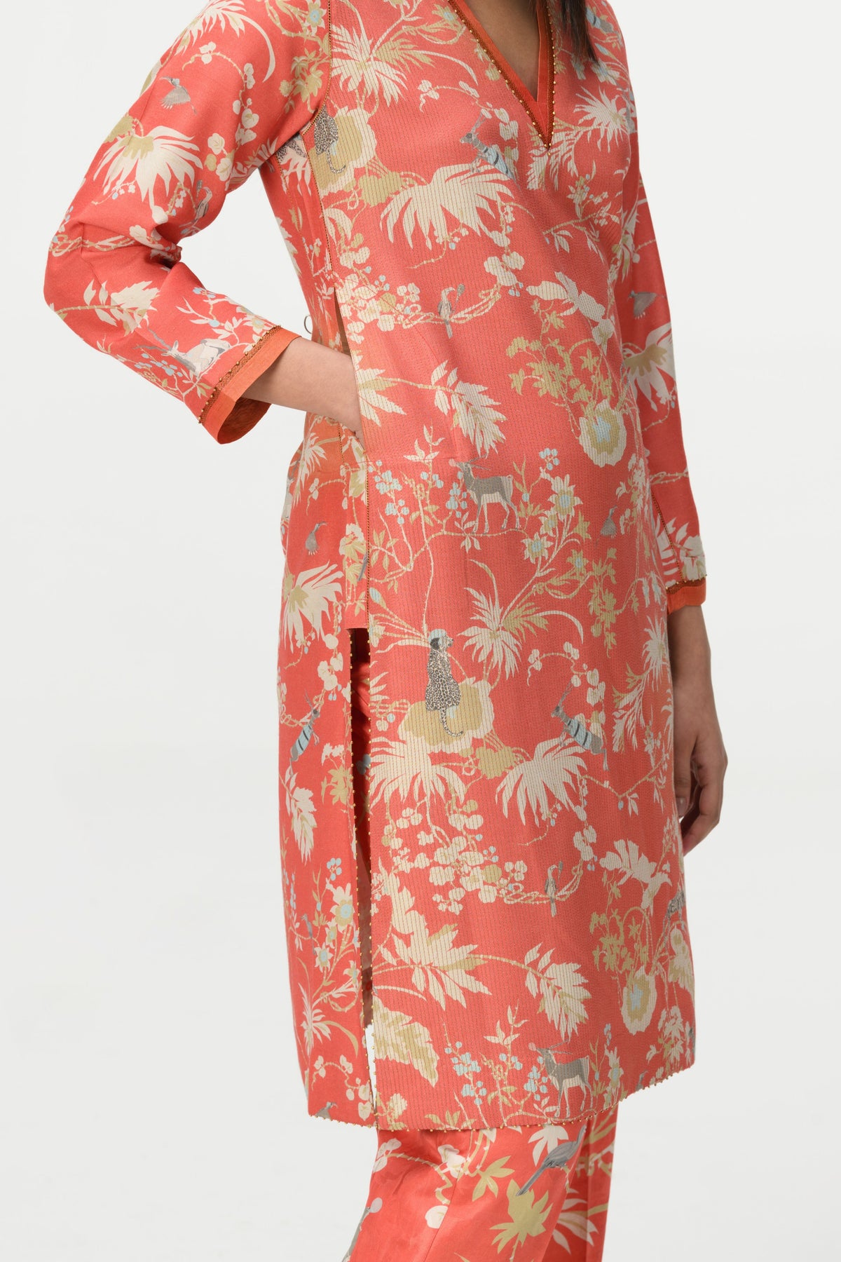 Roshan V Kneck Coral Kurta