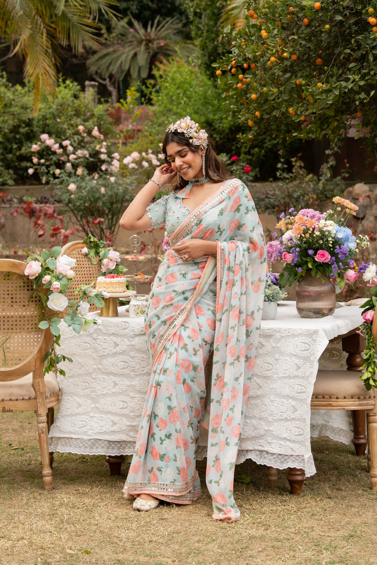 Blue Citrus Floral Saree