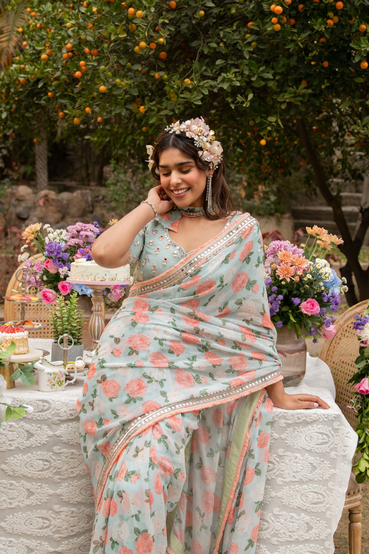 Blue Citrus Floral Saree