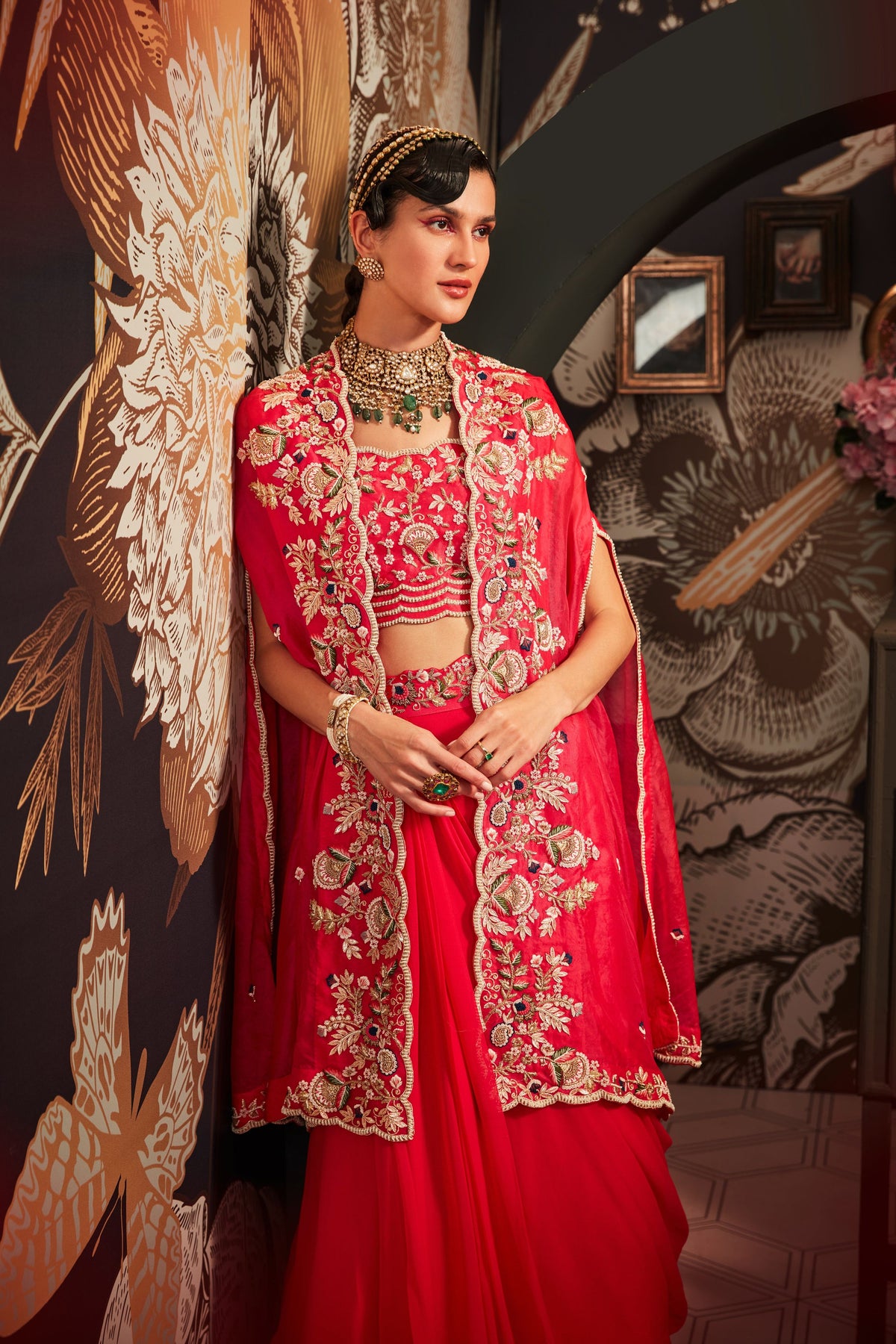 Raspberry Cape Set With Lehenga