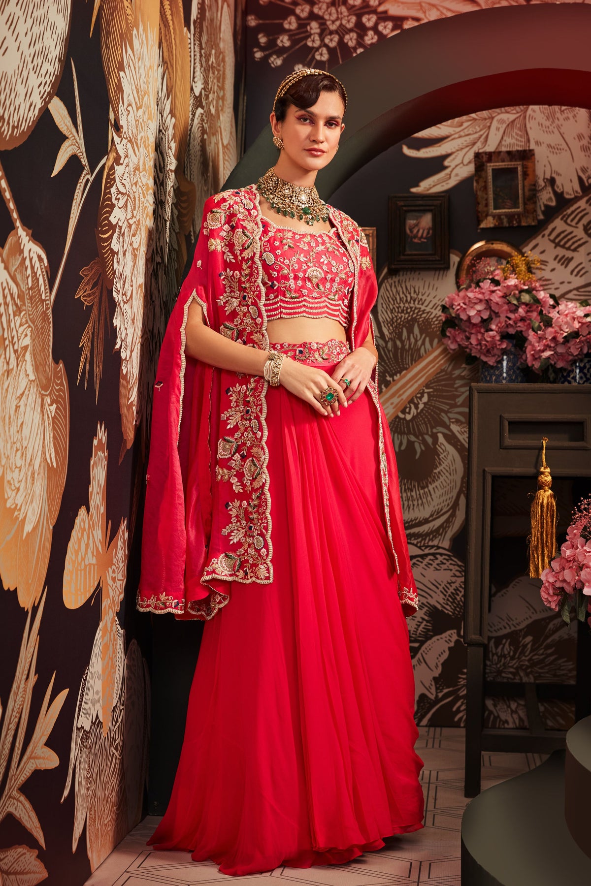 Raspberry Cape Set With Lehenga