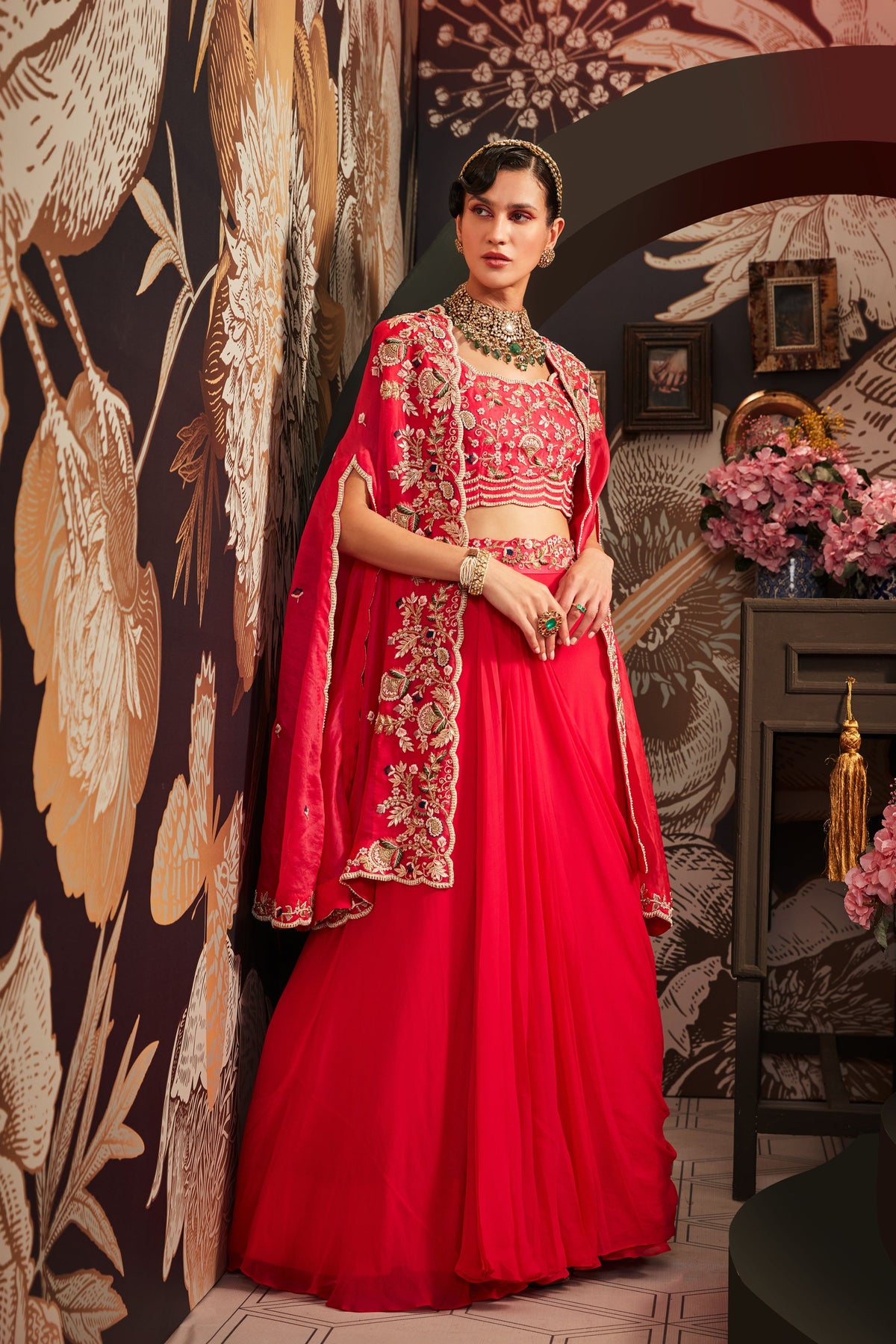 Raspberry Cape Set With Lehenga