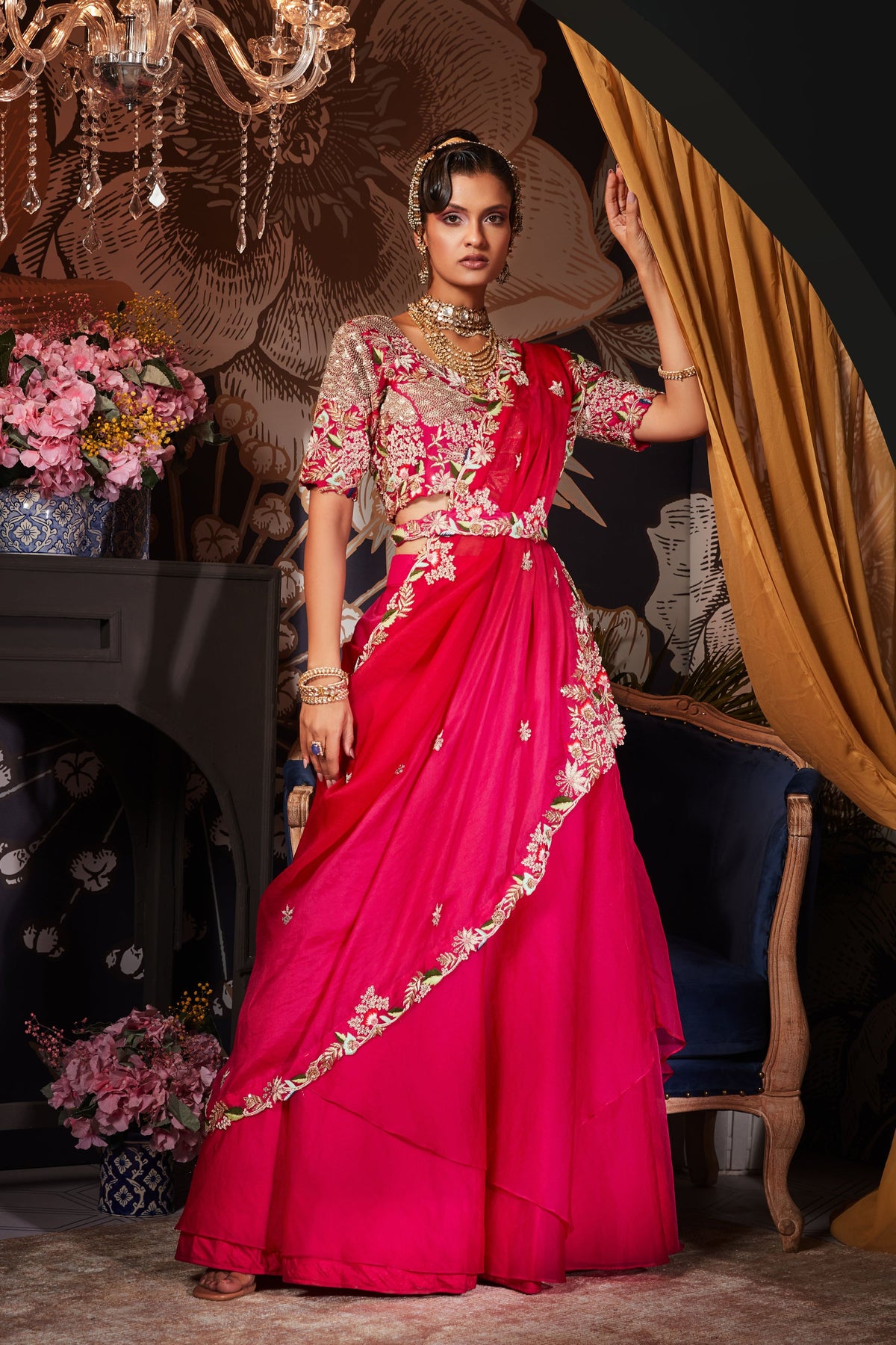 Magenta Lehenga With Organza Drape Set