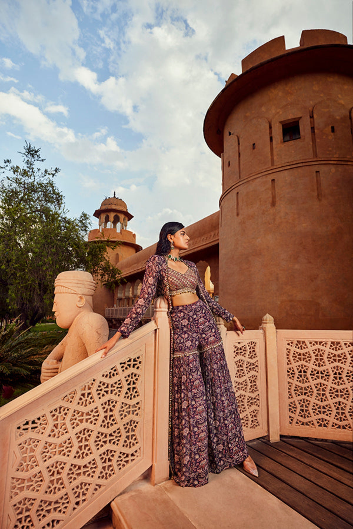 Retro Love Purple Embellished Printed Jacket &amp; Sharara Set