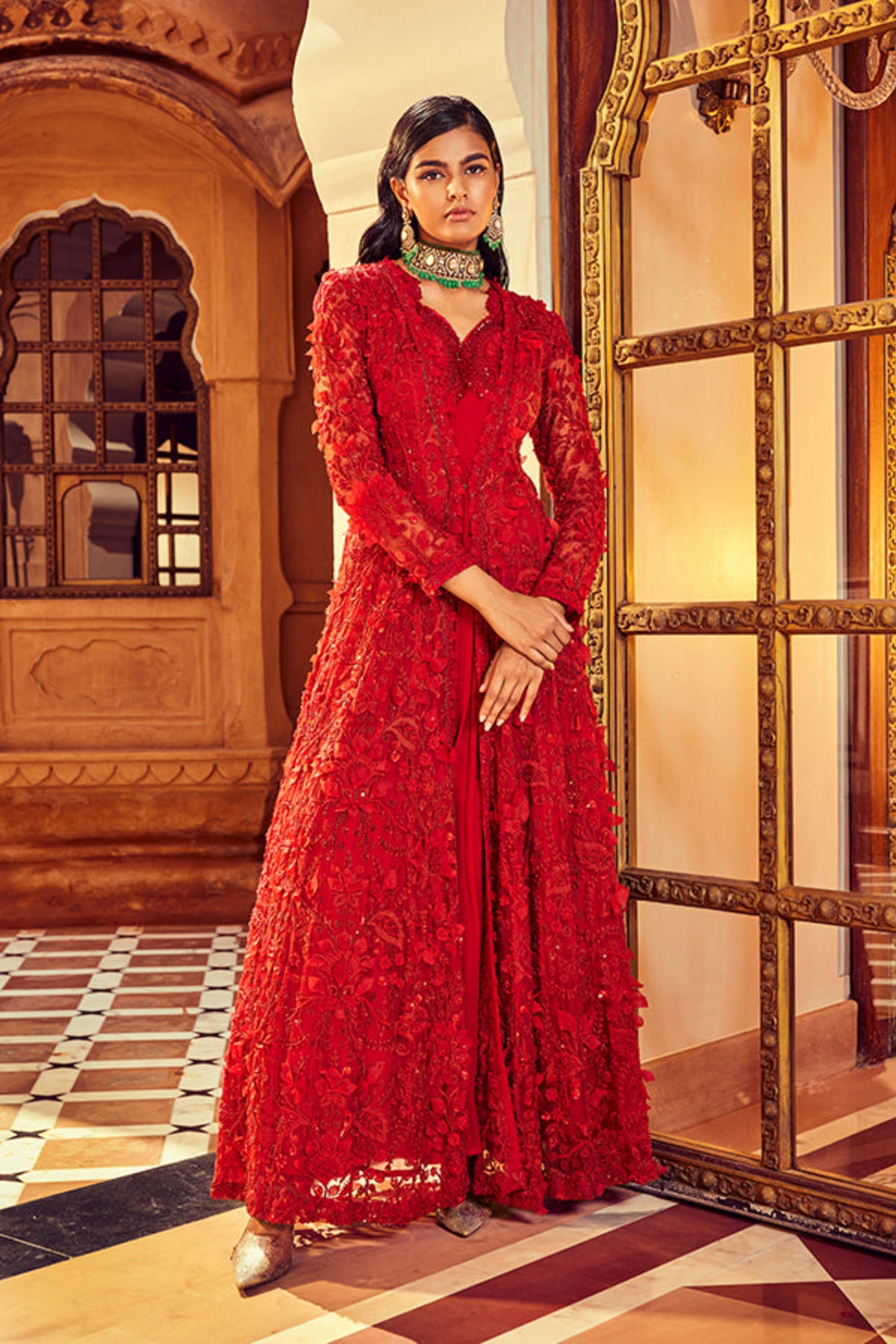 Retro Love Scarlet Red 3d Embellished Anarkali Jacket Set