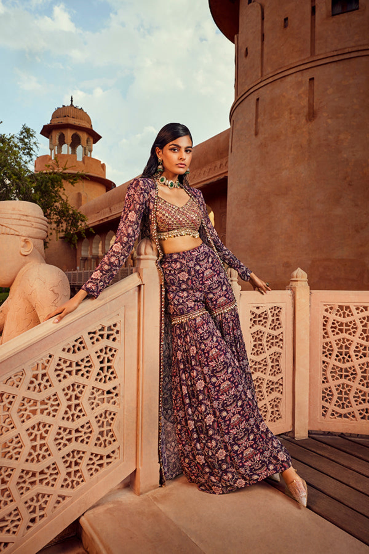 Retro Love Purple Embellished Printed Jacket &amp; Sharara Set