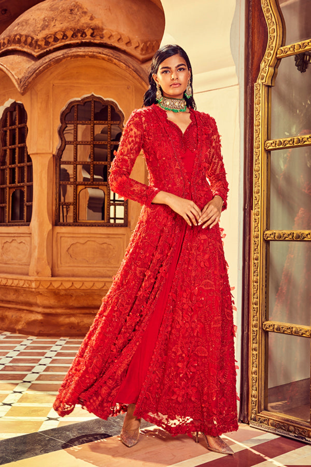 Retro Love Scarlet Red 3d Embellished Anarkali Jacket Set