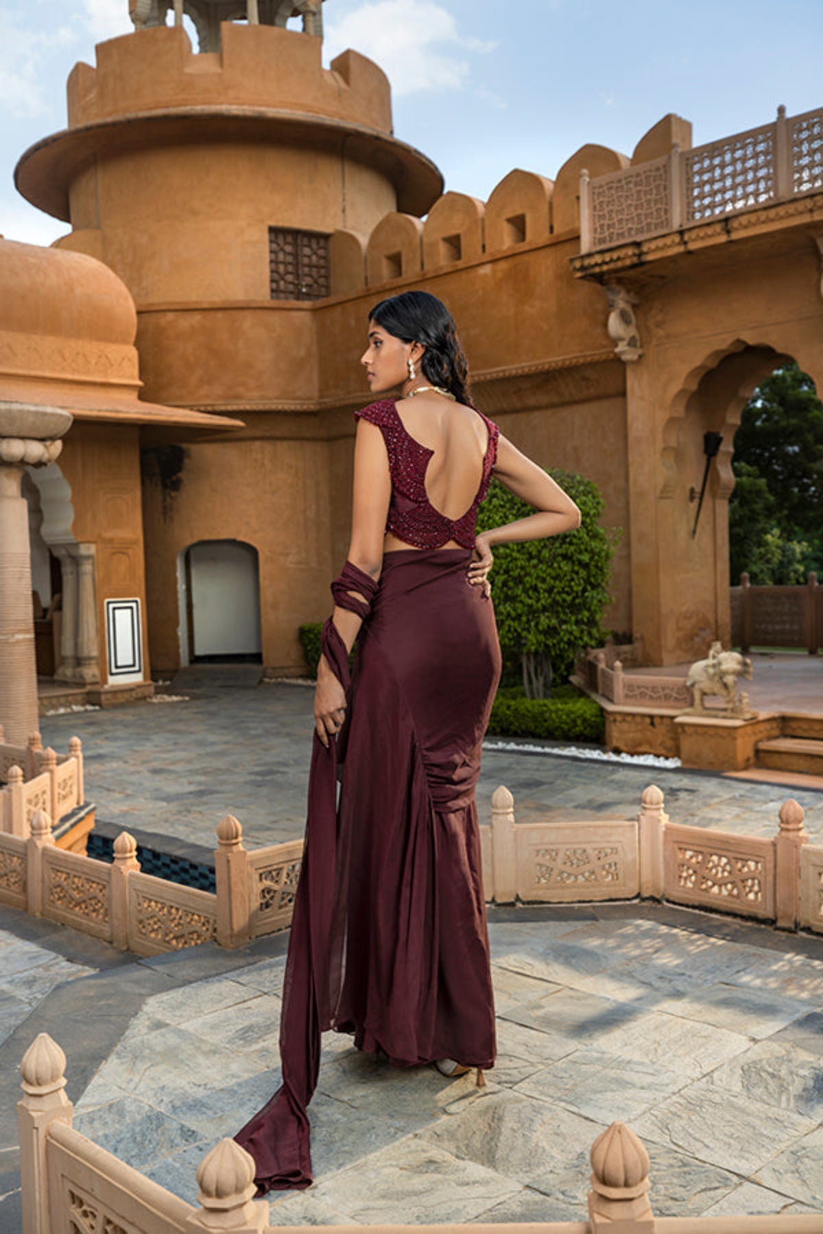 Retro Love Plum Pre Draped Saree Set