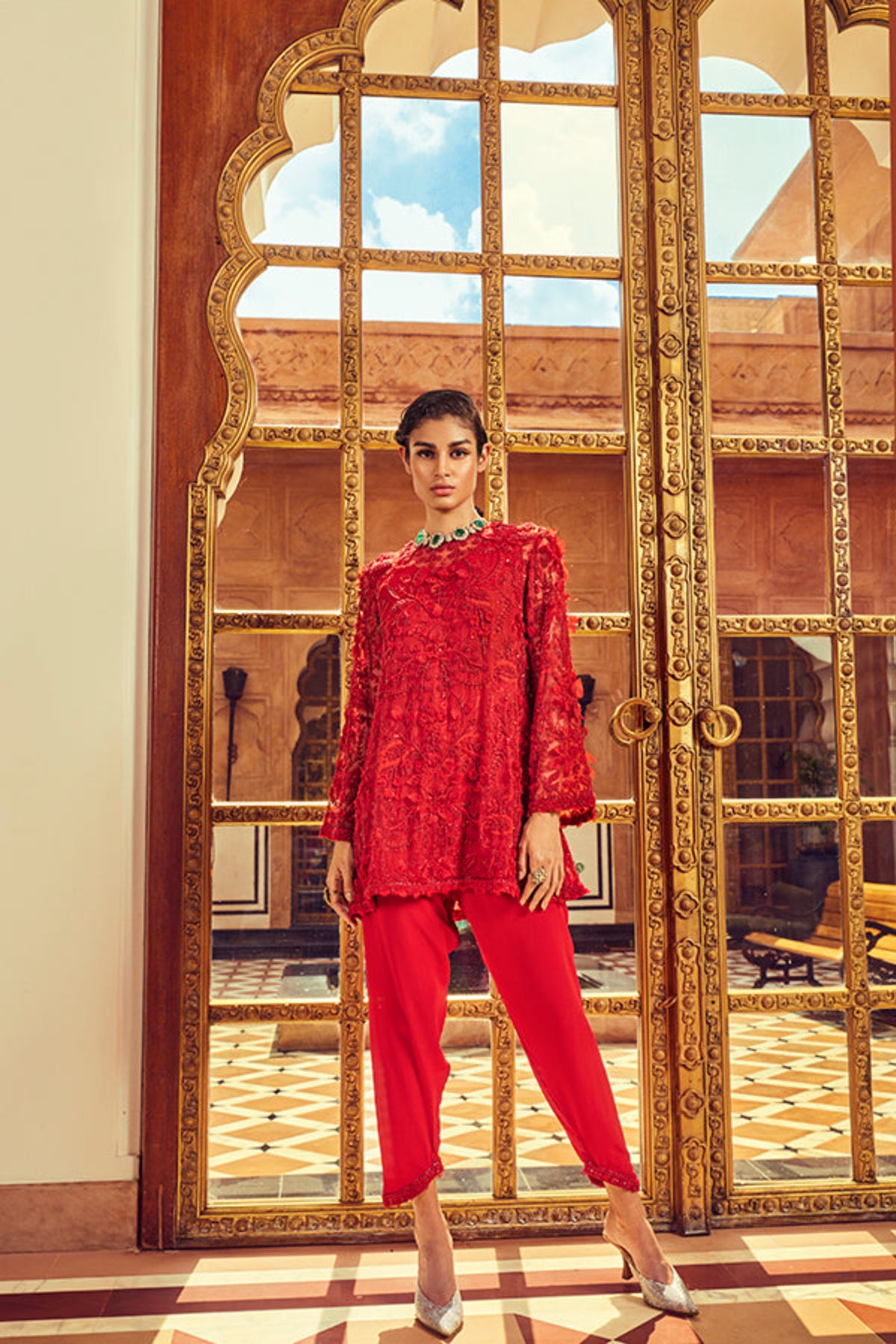 Retro Love Red Scarlet 3d Embellished Kurta  Set