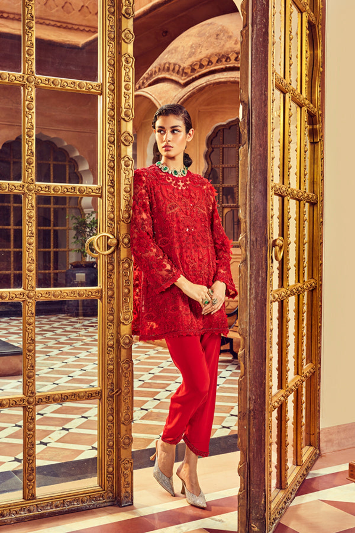 Retro Love Red Scarlet 3d Embellished Kurta  Set