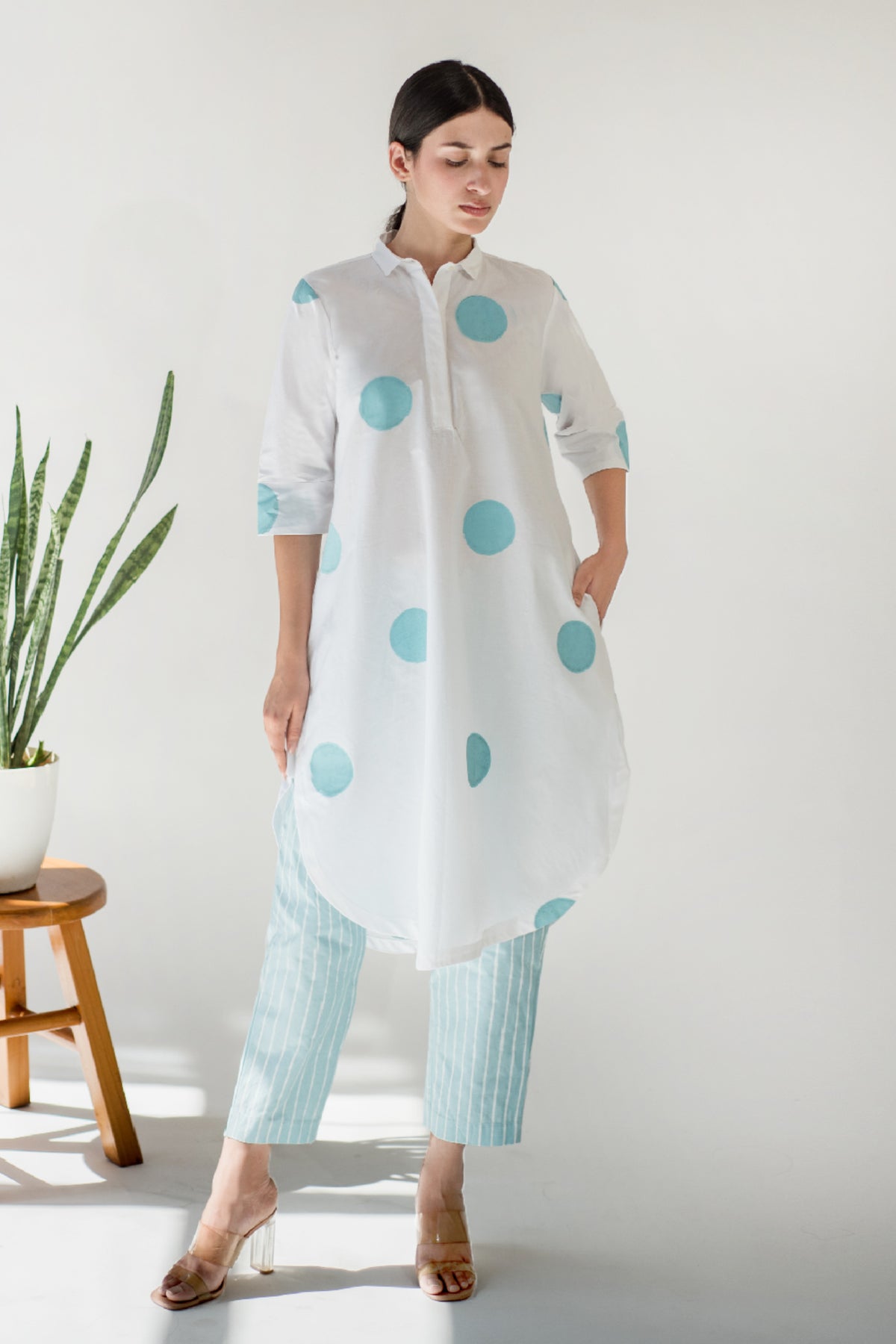 White Polka Tunic With Blue Pant