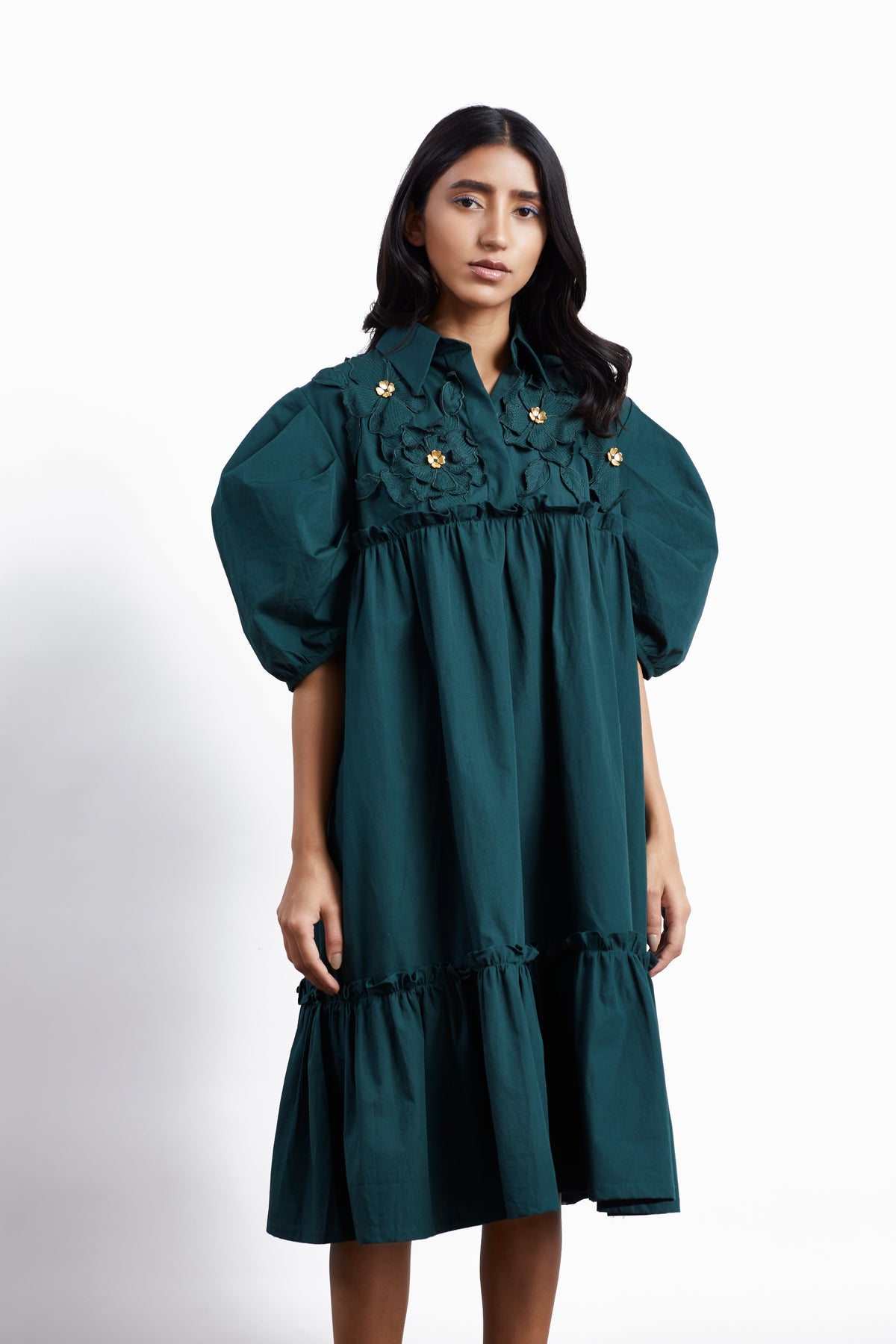 Green furbelow dress