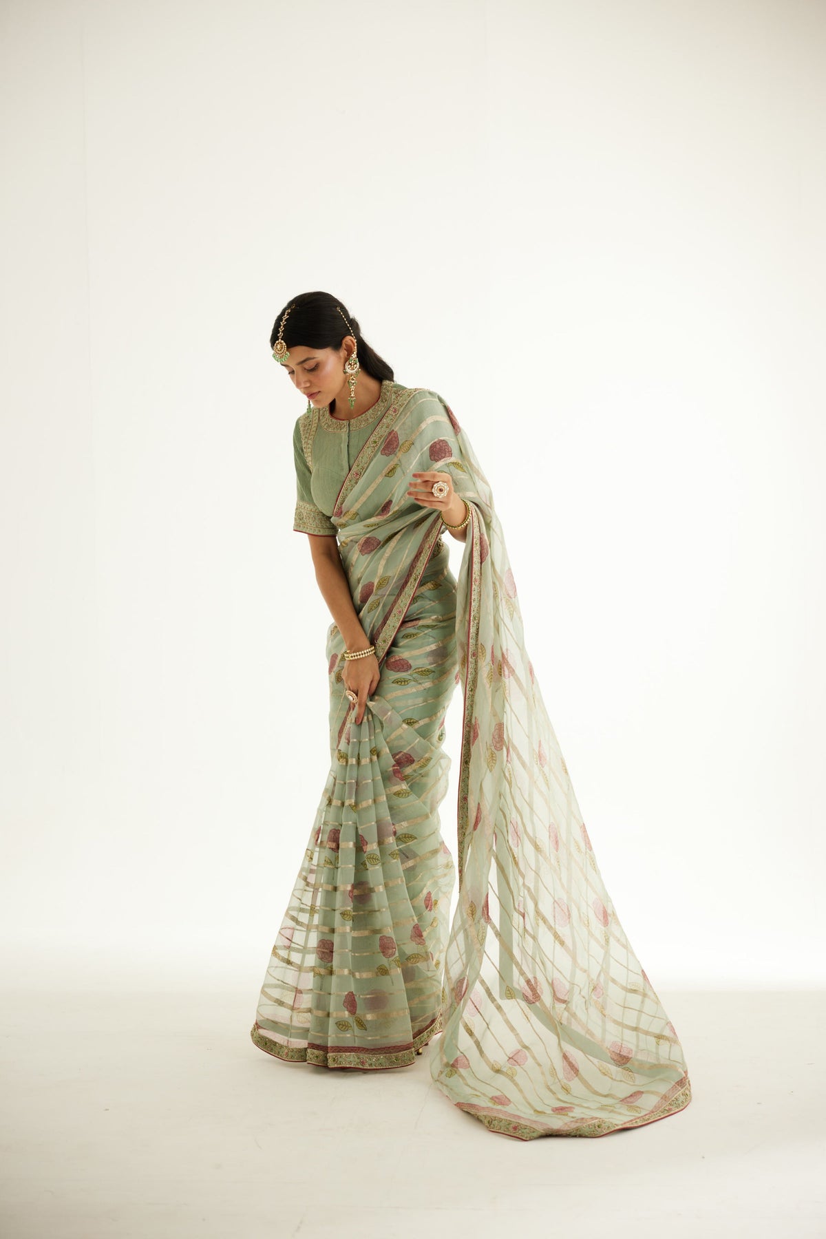 Smoke Green Saree Set