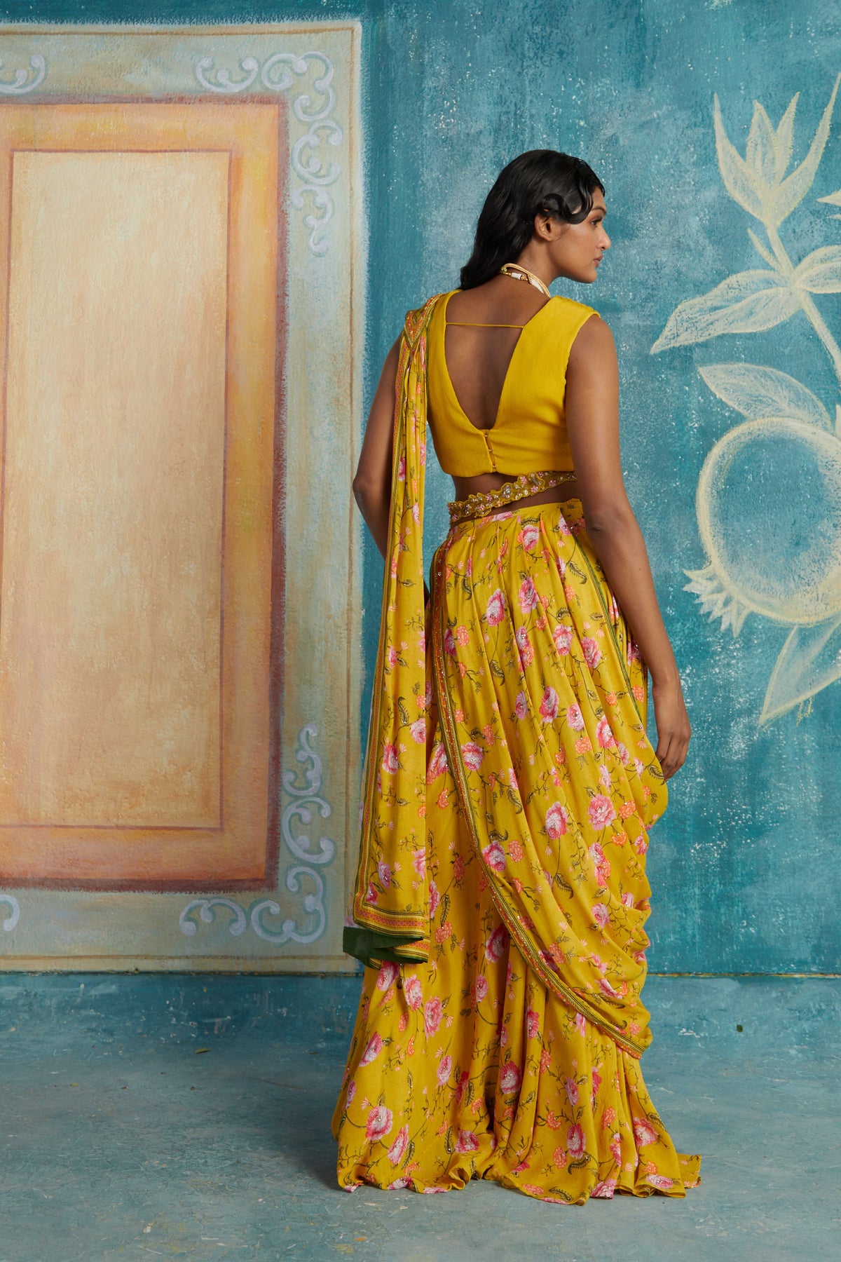 Yellow printed draped saree
